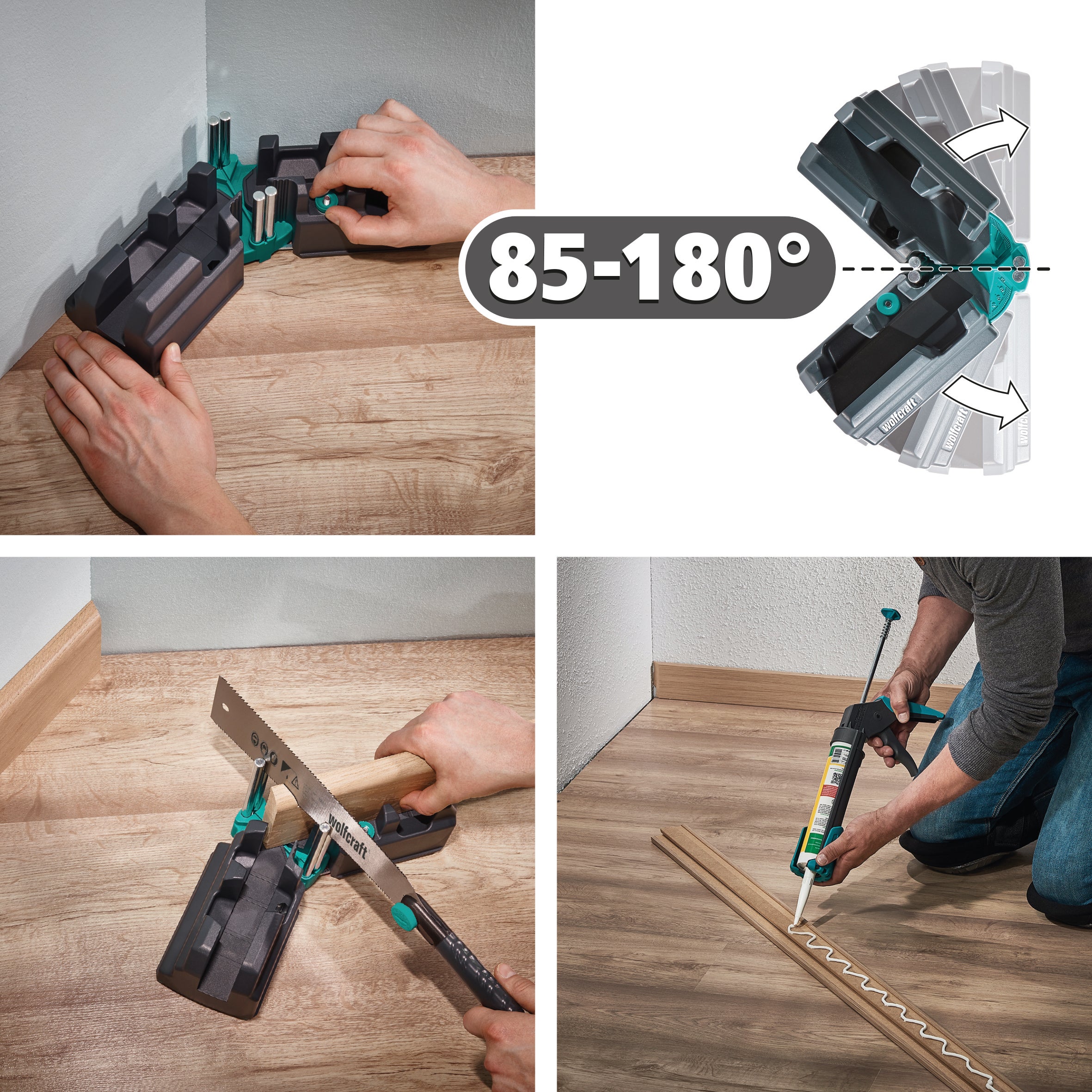 Kit Fausse Équerre et Boite à Onglet, Scie Japonaise et Pistolet à Cartouche, Pression 130 kg - wolfcraft 6977000 - 2