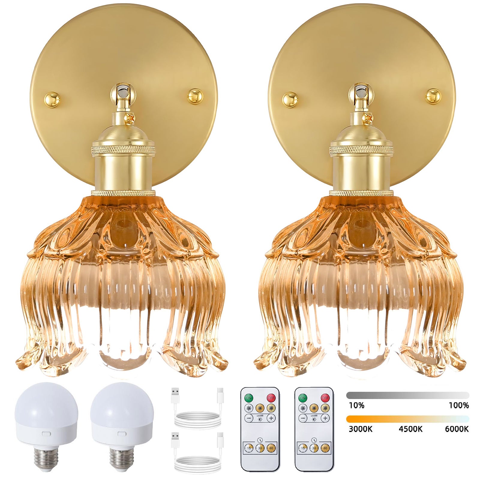 Paquete de 2 luces led de pared recargables con control remoto, lámpara de noche inalámbrica, regulable, 3 temperaturas de color, con bombilla