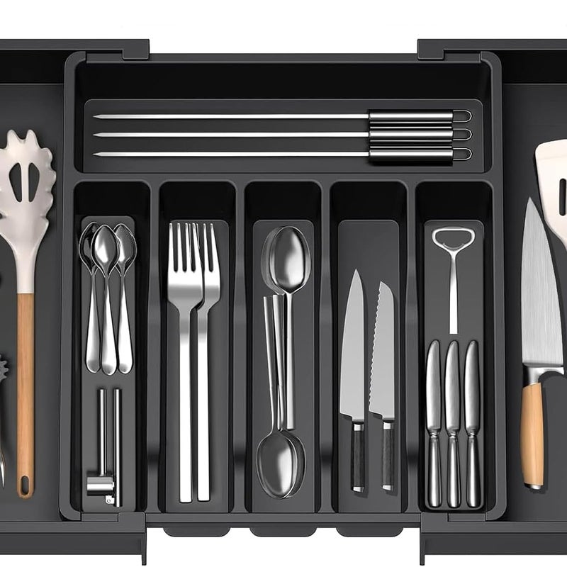 Czarny, rozsuwany wkład do szuflady na przybory kuchenne, organizer do szuflady kuchennej