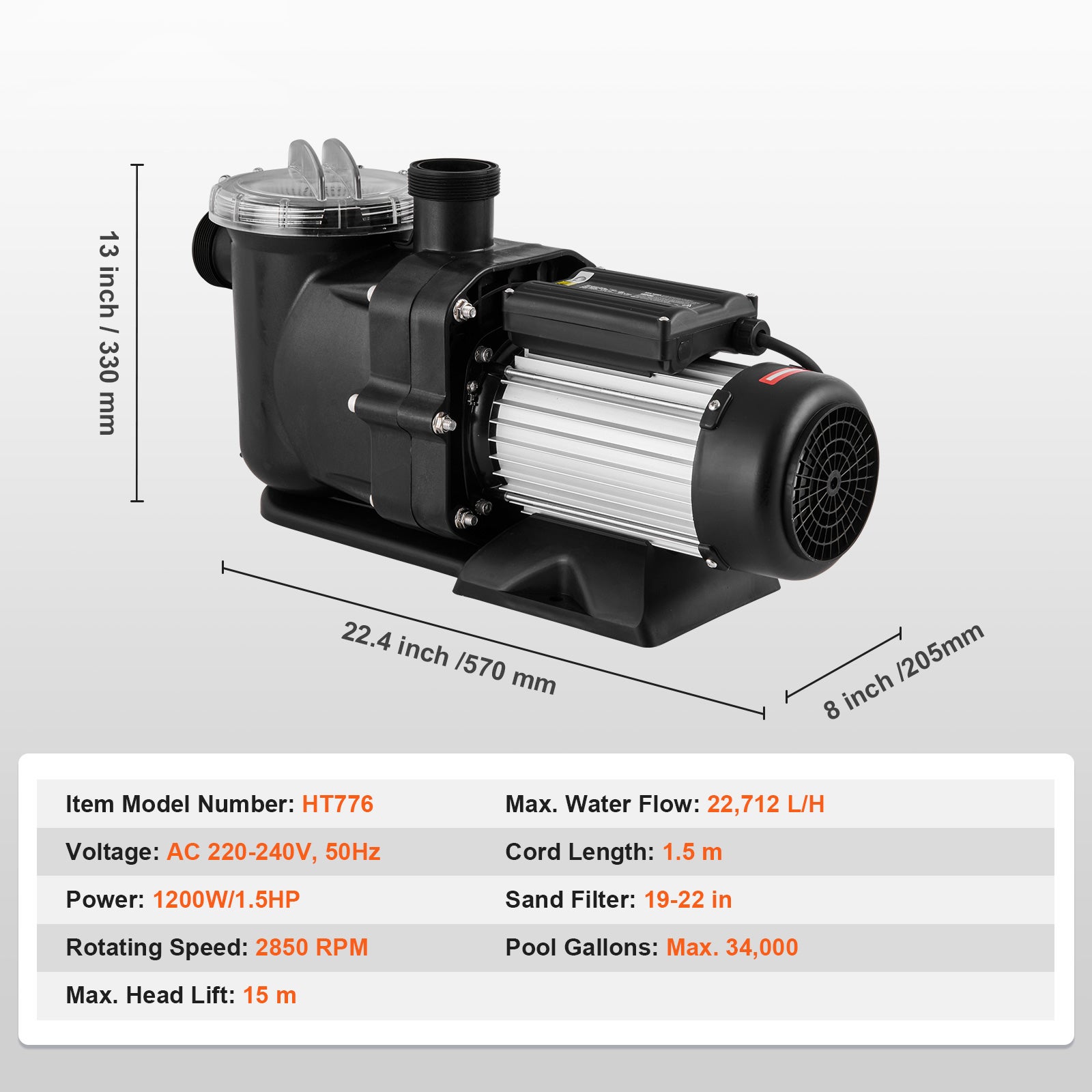Pompe de piscine hors sol SucceBuy 1,5 CV,100 GPM,220 V,2 850 tr/min,hauteur max. 15 m,avec panier filtrant - 9