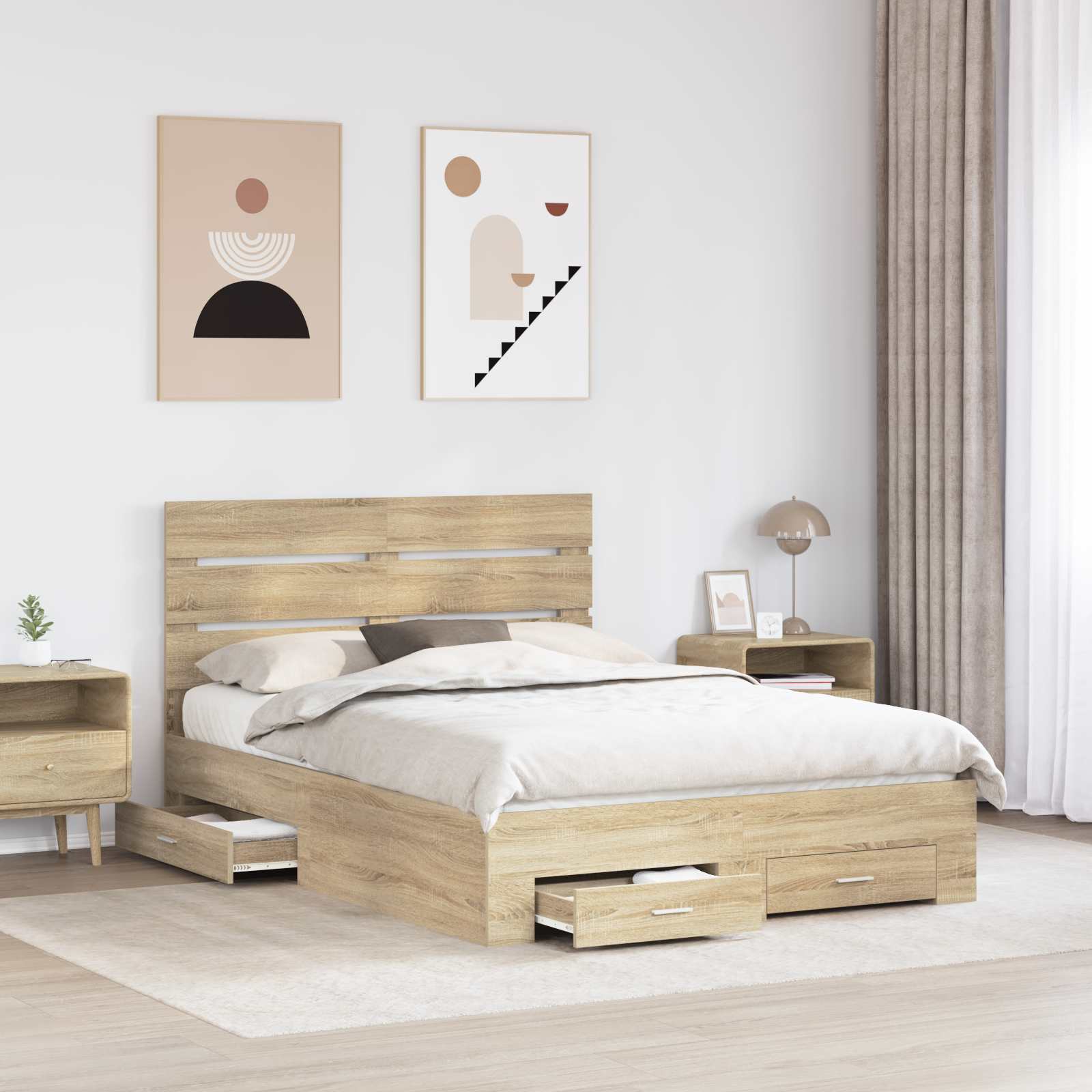 Cadre de lit en panneau de bois, chêne, pour la chambre, 150 × 200 cm - 3