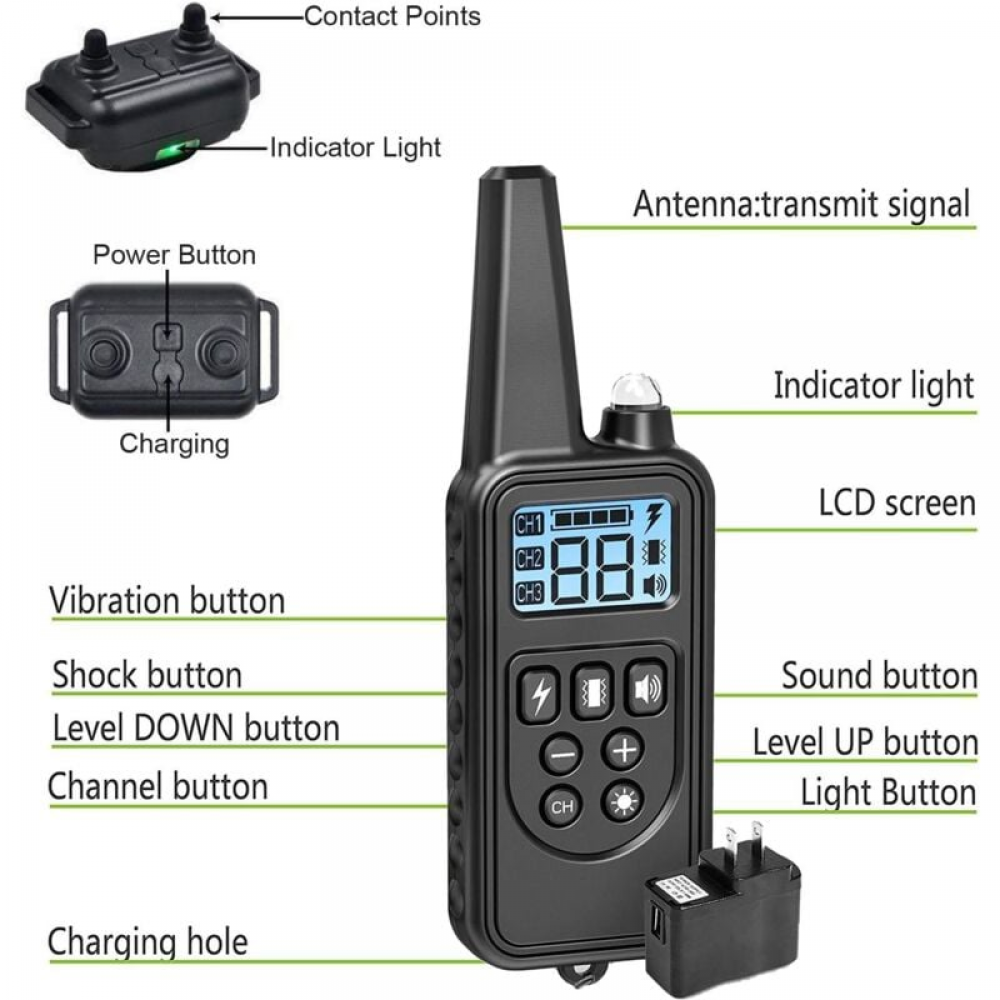 Collar para perros, alcance de 800 m, resistente al agua, control remoto, 99 niveles de vibración, luz LED, recargable (3 receptores). - 5