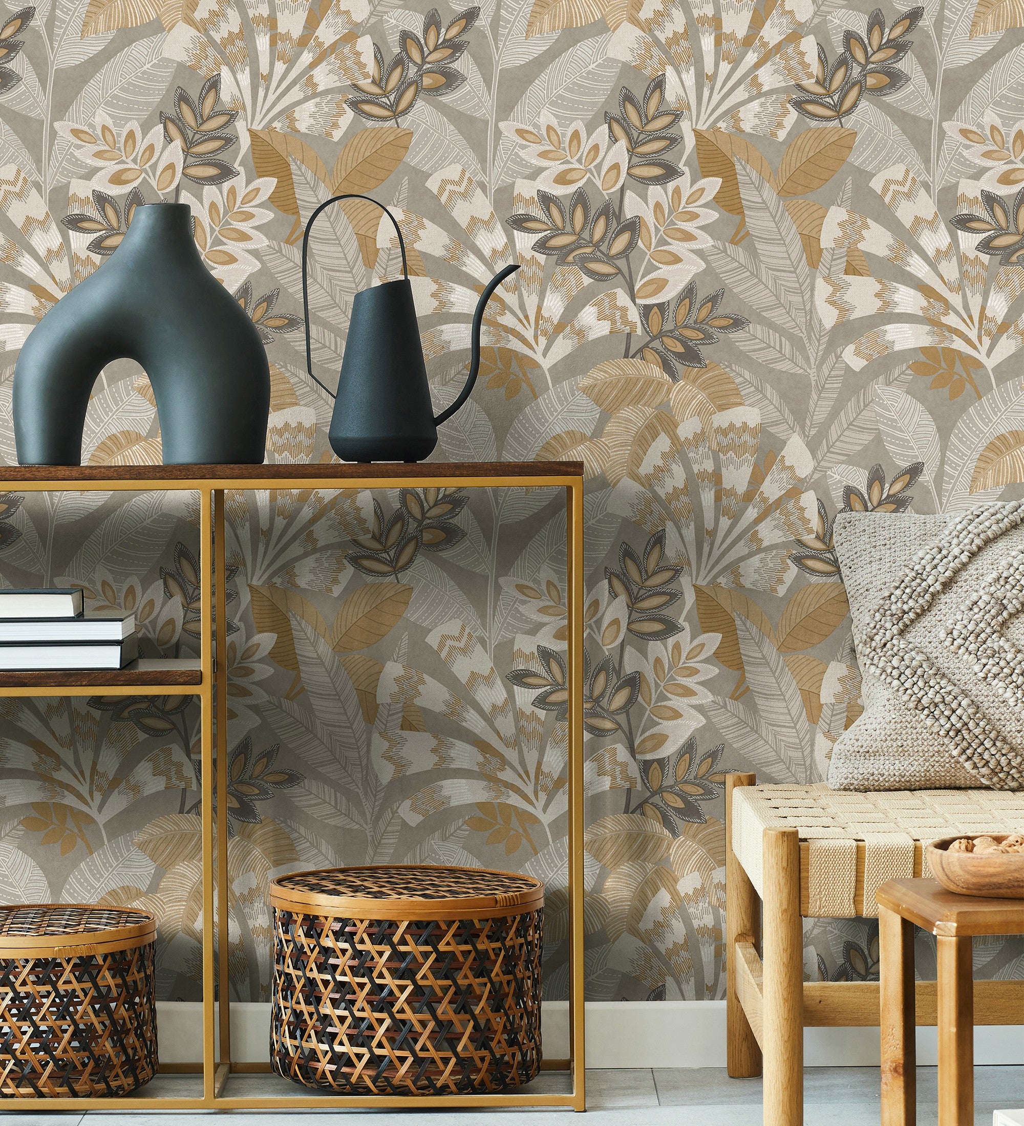 Échantillon DIN A4 de Papier peint en vinyle feuilles ethniques sur fond gris texturé style tropical - Aruba Palm 682002 de GAULAN - 2