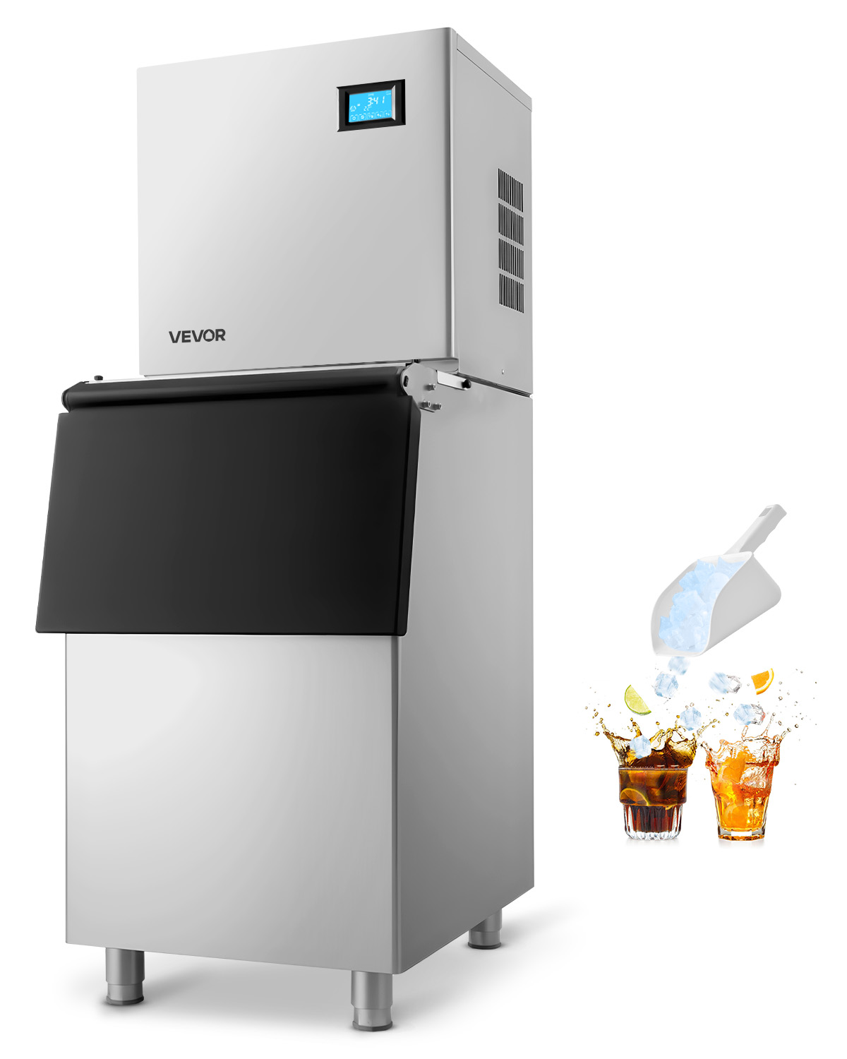 Máquina hielo comercial vevor, 163 kg/24 h, para cafeterías y restaurantes, acero inoxidable, capacidad 113 kg, pantalla táctil y limpieza automática