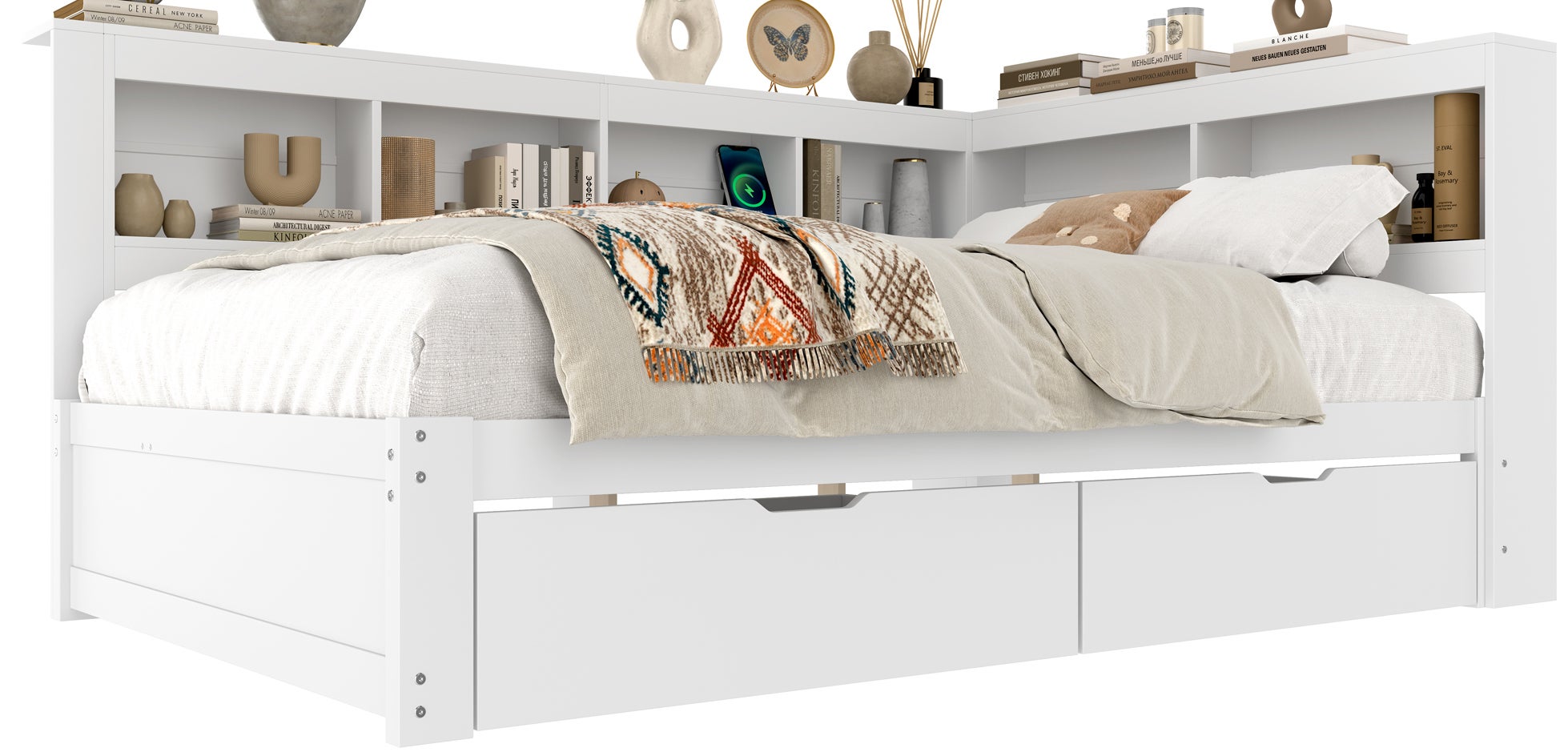 Lit 140 x 200 cm avec 2 tiroirs et compartiments, canapé-lit - Pin + MDF + contreplaqué - Prises de charge et USB - Blanc (sans matelas) - 7