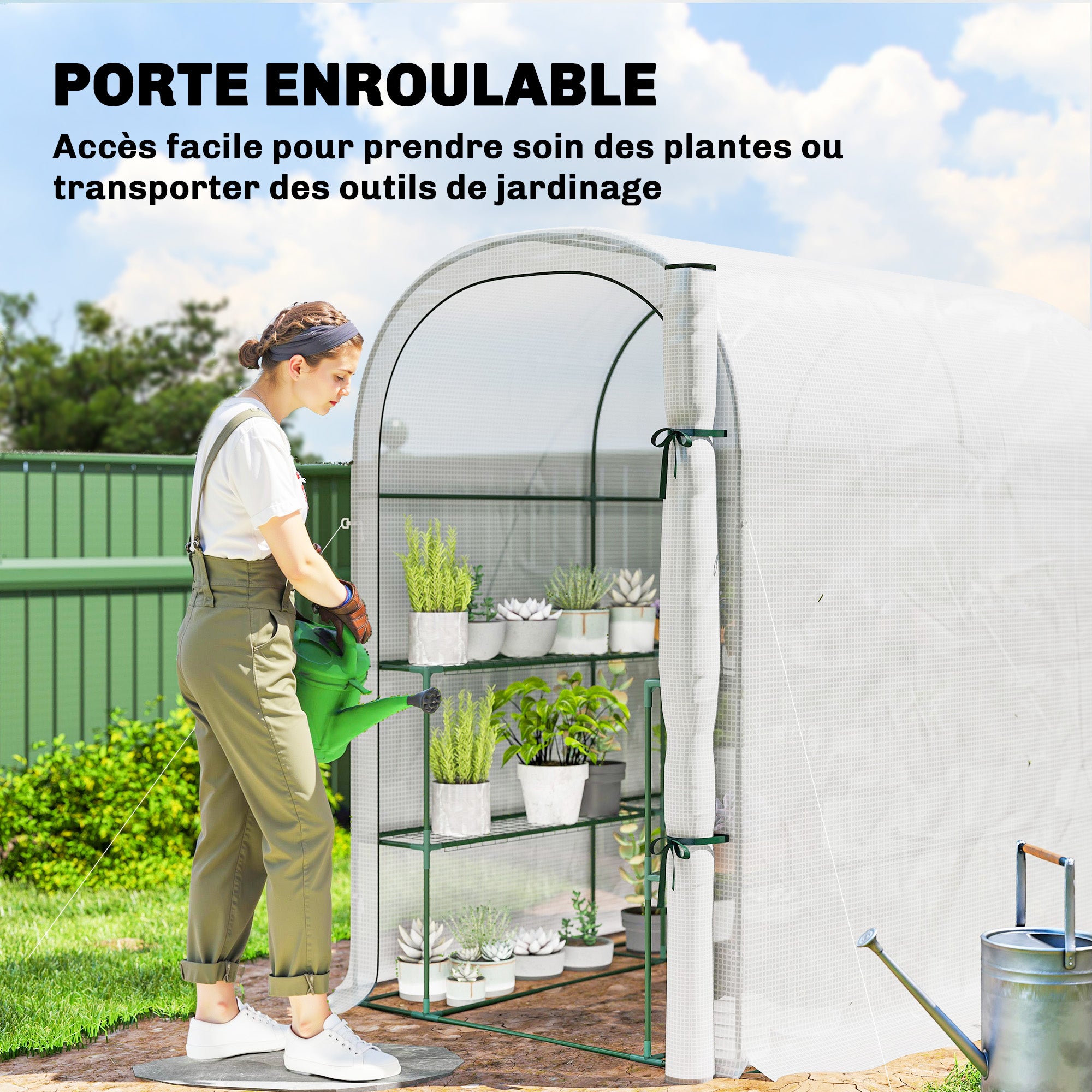 Serre de jardin avec étagères, 123x187x189cm, petite serre avec porte enroulable, bâche PE haute densité 140 g/m², blanc - 8