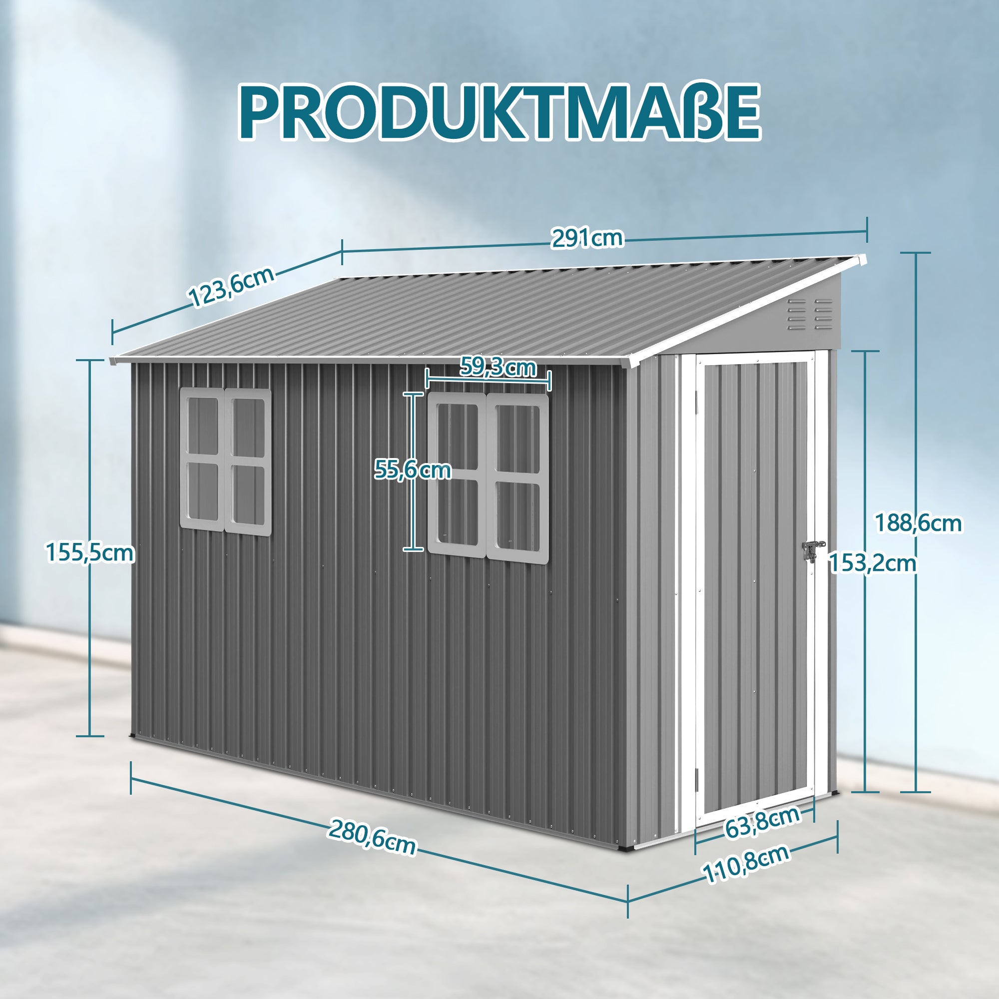 Caseta de jardín exterior3,2 m² /291x110x188 cm con kit de suelo – Caseta para herramientas con 2 puertas+ 2 ventanas,Cobertizo Metálico - Gris - 2