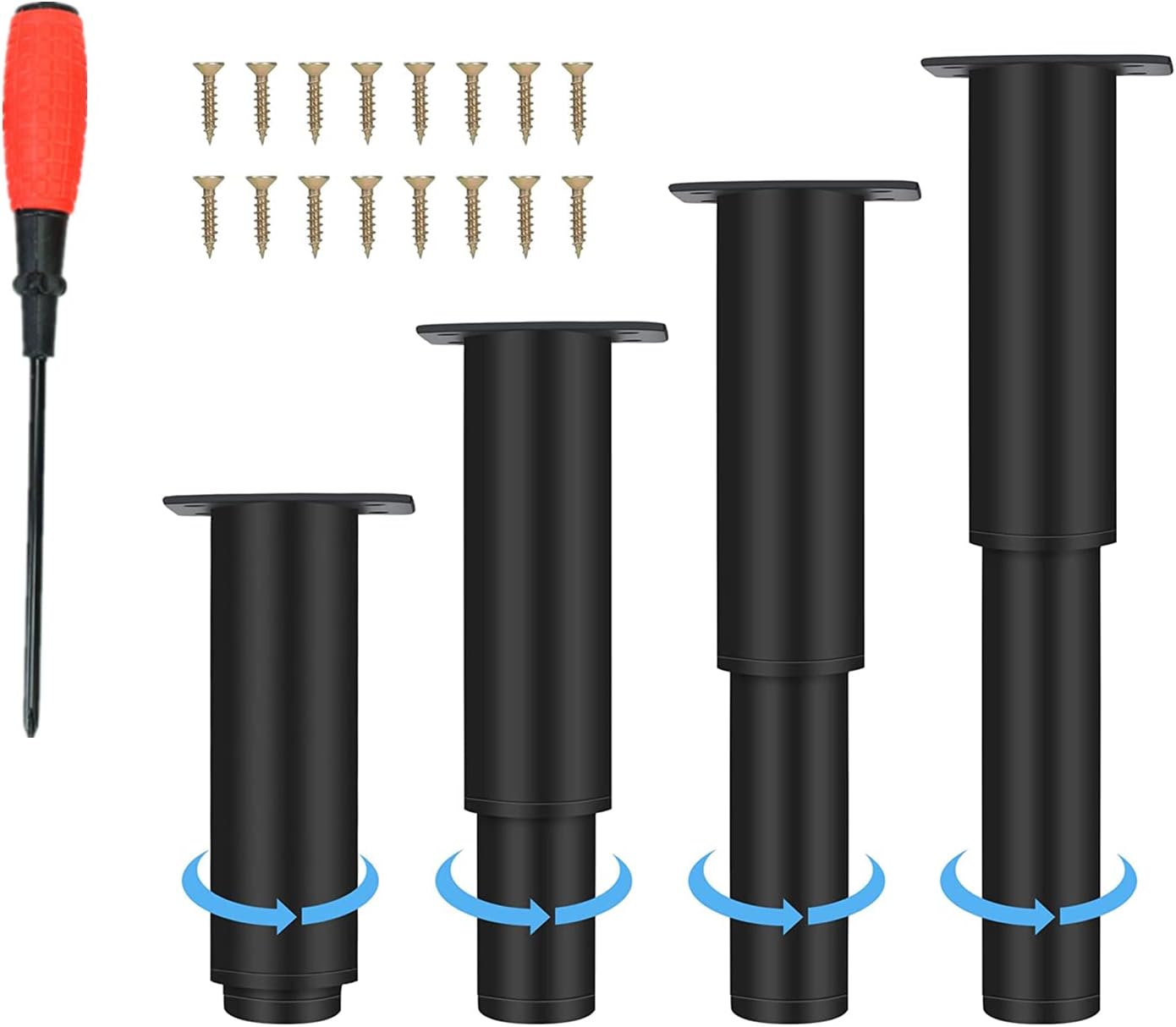 4 regulowane nóżki meblowe, metal, matowa czerń, wysokość 8 cm regulowana do całkowitej długości 12 cm, 1 śruba + śrubokręt