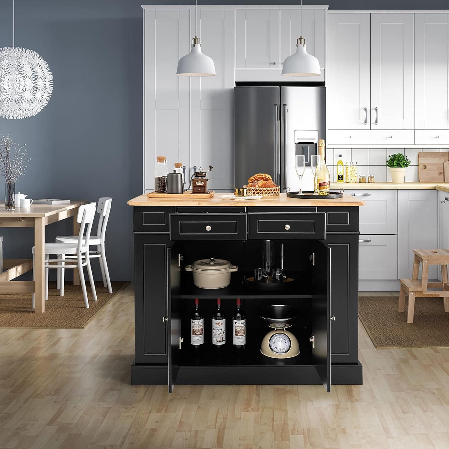 Ilot Central Cuisine Comptoir en Bois d'Hévéa Pliable, Étagères Réglables , 61 x 120 x 92 cm, Noir - 4