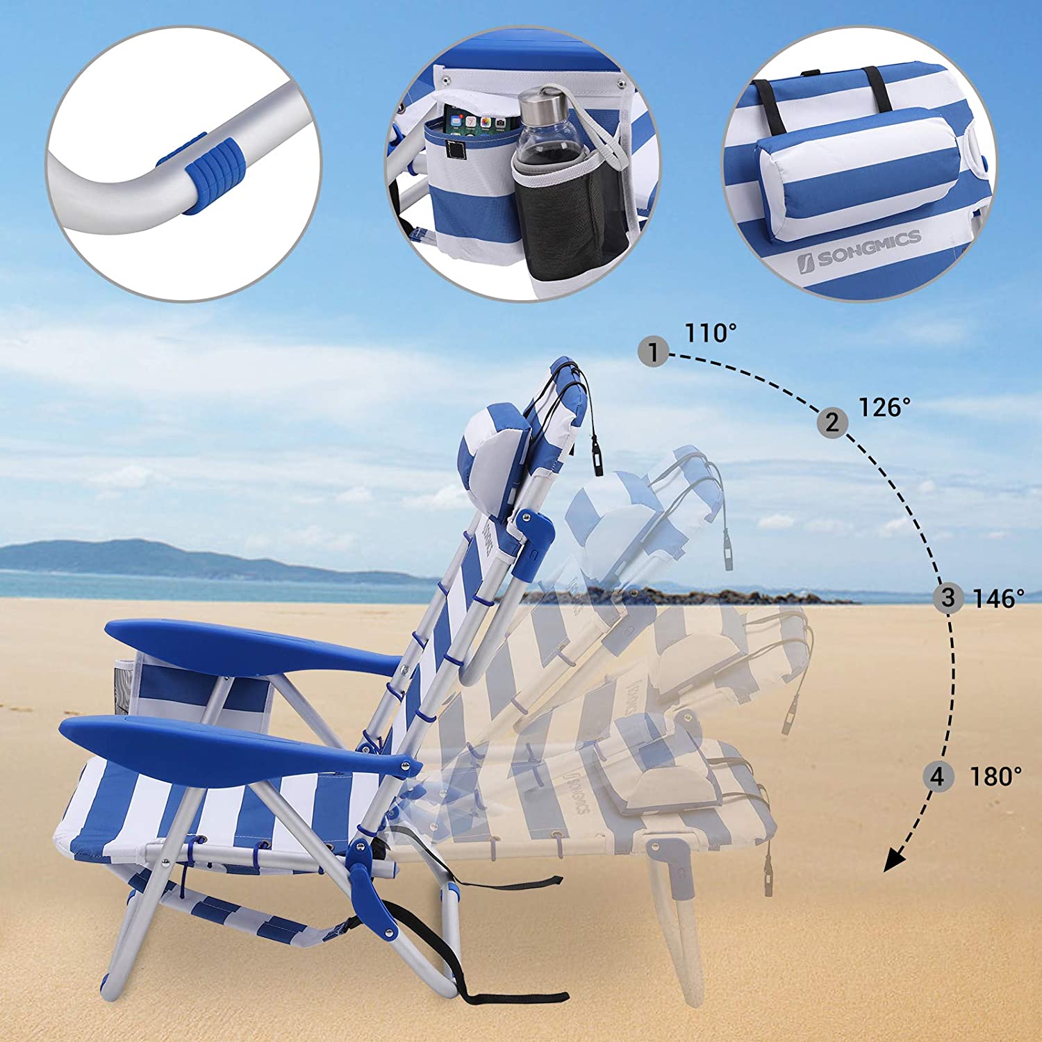 Chaise de Plage Portable,Lot de 2,Pliable, Dossier Inclinable jusqu'à 180°, Rayures Bleu et Blanches - 3