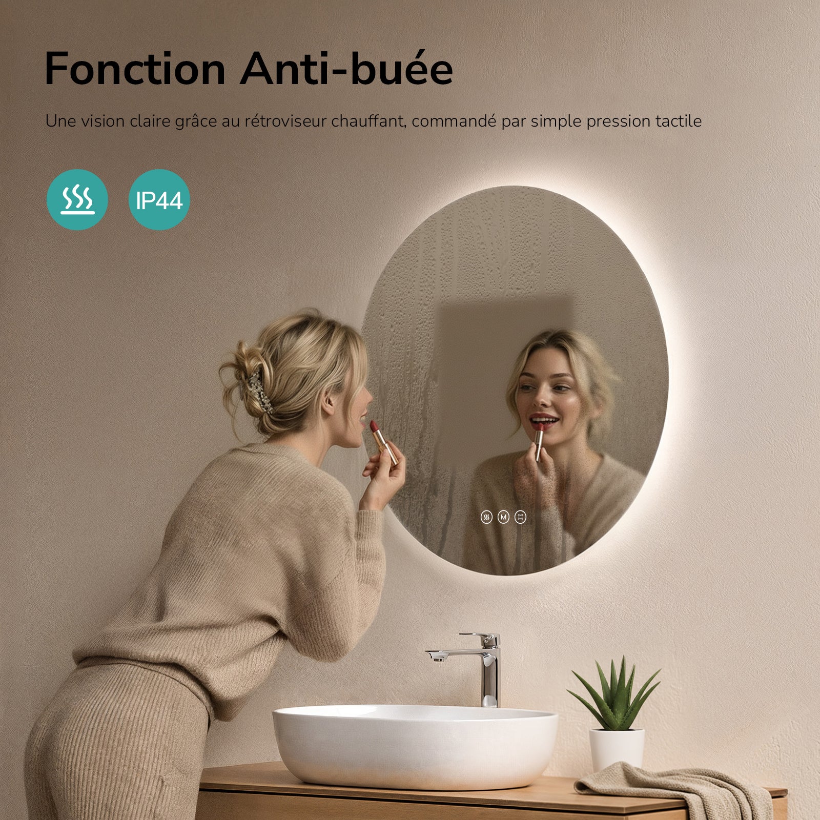 EMKE Miroir lumineux salle de bain rond diamètre 60cm, Miroir LED rétro-éclairage avec Interrupteur Tactile, Anti-buée, Blanche Froide/Neutre/Chaude - 4
