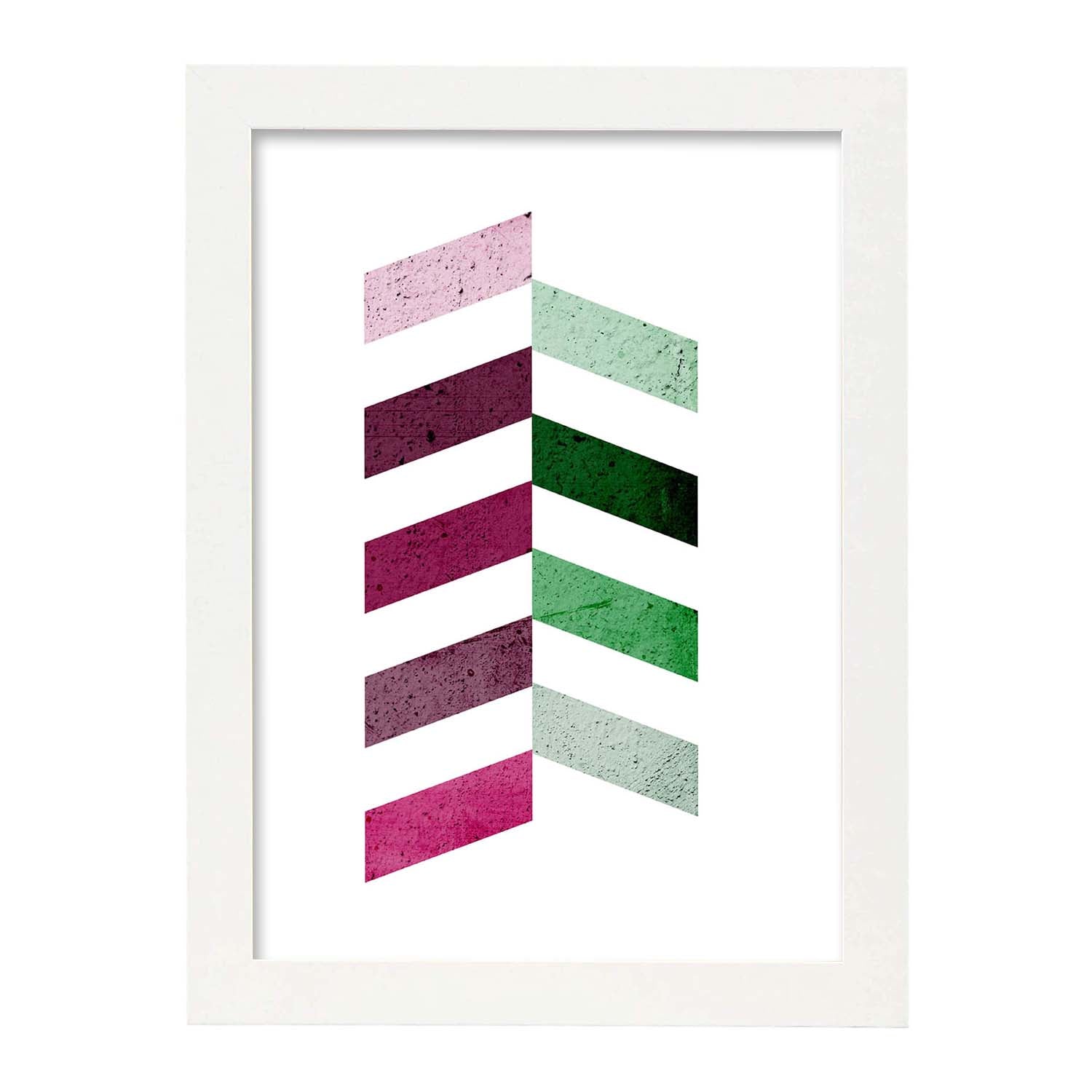 Poster con dibujo de geometria colorida. lamina lilas verdes vertical, ilustrada con con formas y figuras llenas de color. marco negro - a3