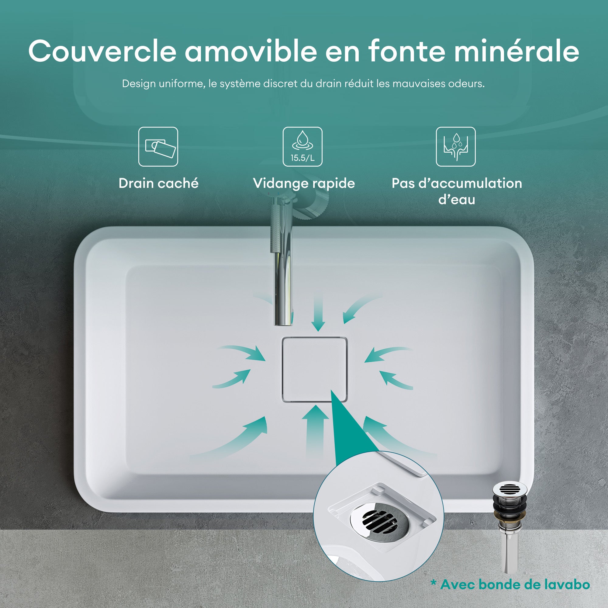 Vasque à Encastrer, Lavabo Rectangulaire, Lave Mains Blanc Mat en Résine, 53x33x10,5cm, sans Trop-Plein, Cache-Bonde Inclus, Col104 Mai & Mai - 3