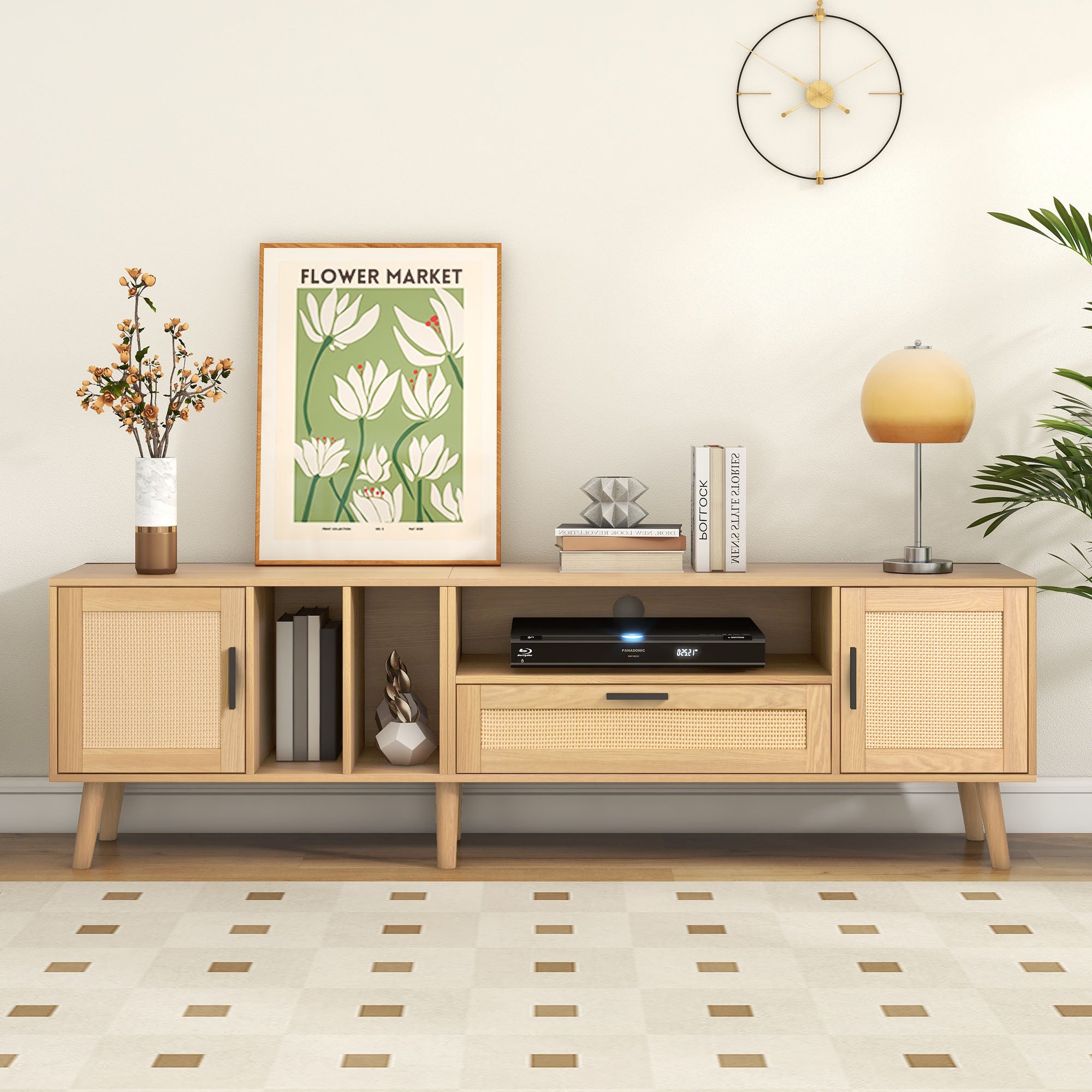 Stojak pod TV 180 cm zdobiony rattanem - 2 drzwi i 1 szuflada - nogi z litego drewna - naturalny - 7