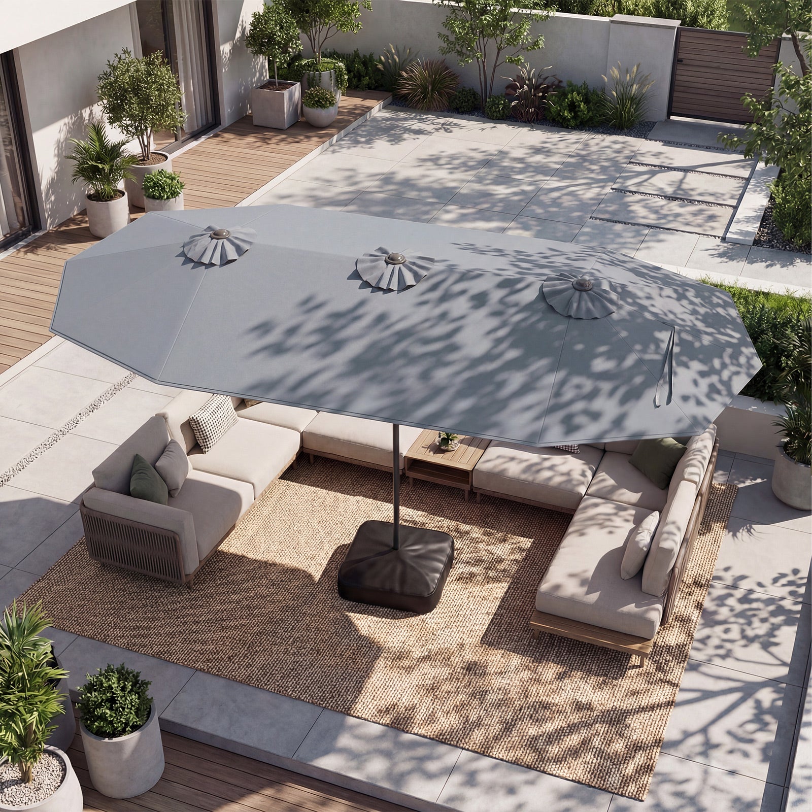 Guarda-sol duplo de jardim 396 x 201 CM, guarda-sol extra grande com manivela e base robusta, guarda-sol duplo para pátio, pátio, terraço, cin - 5