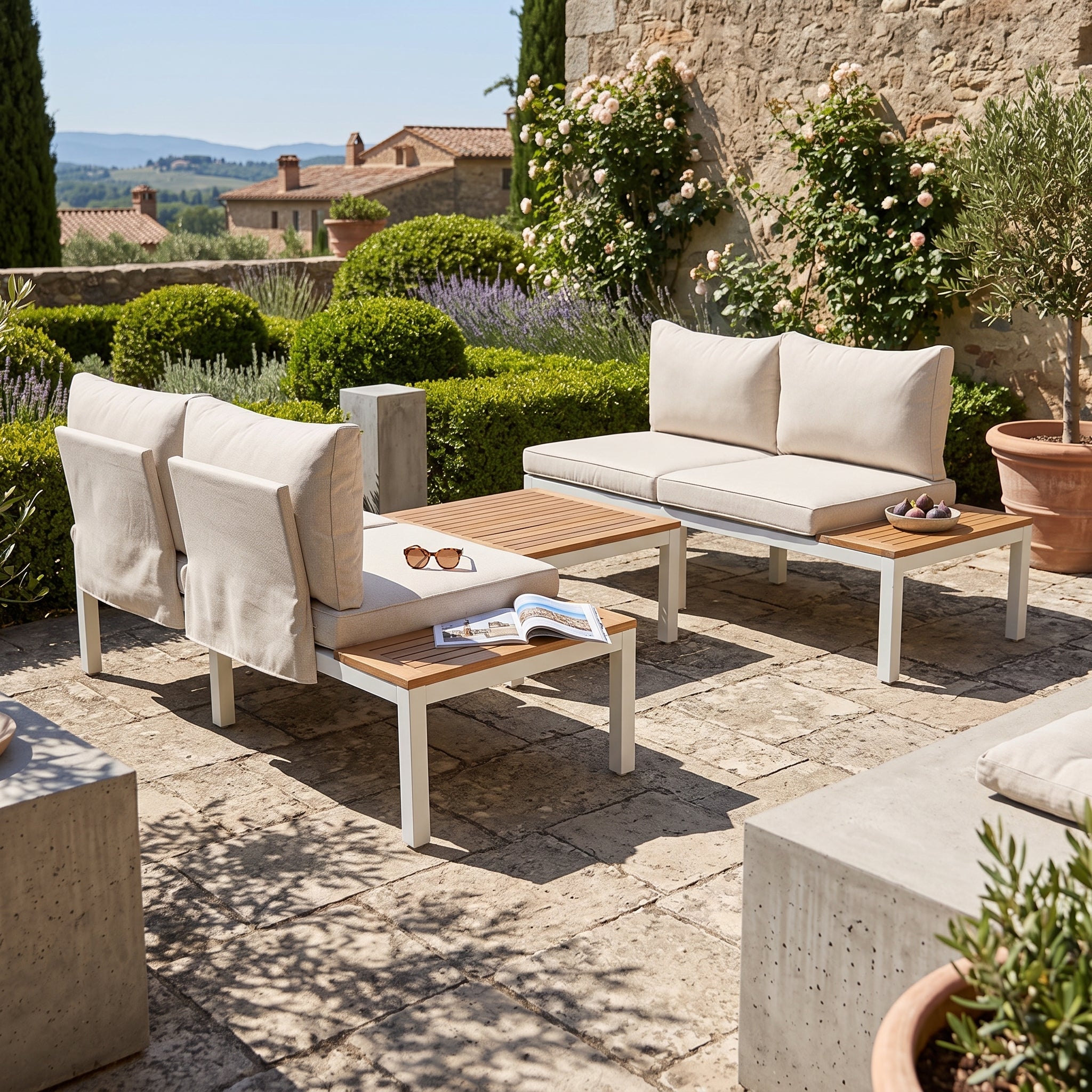 Muebles de jardín modulares en madera de acacia: 1 sofá de esquina + 2 mesas auxiliares + 1 mesa de centro - Beige + marrón - 8