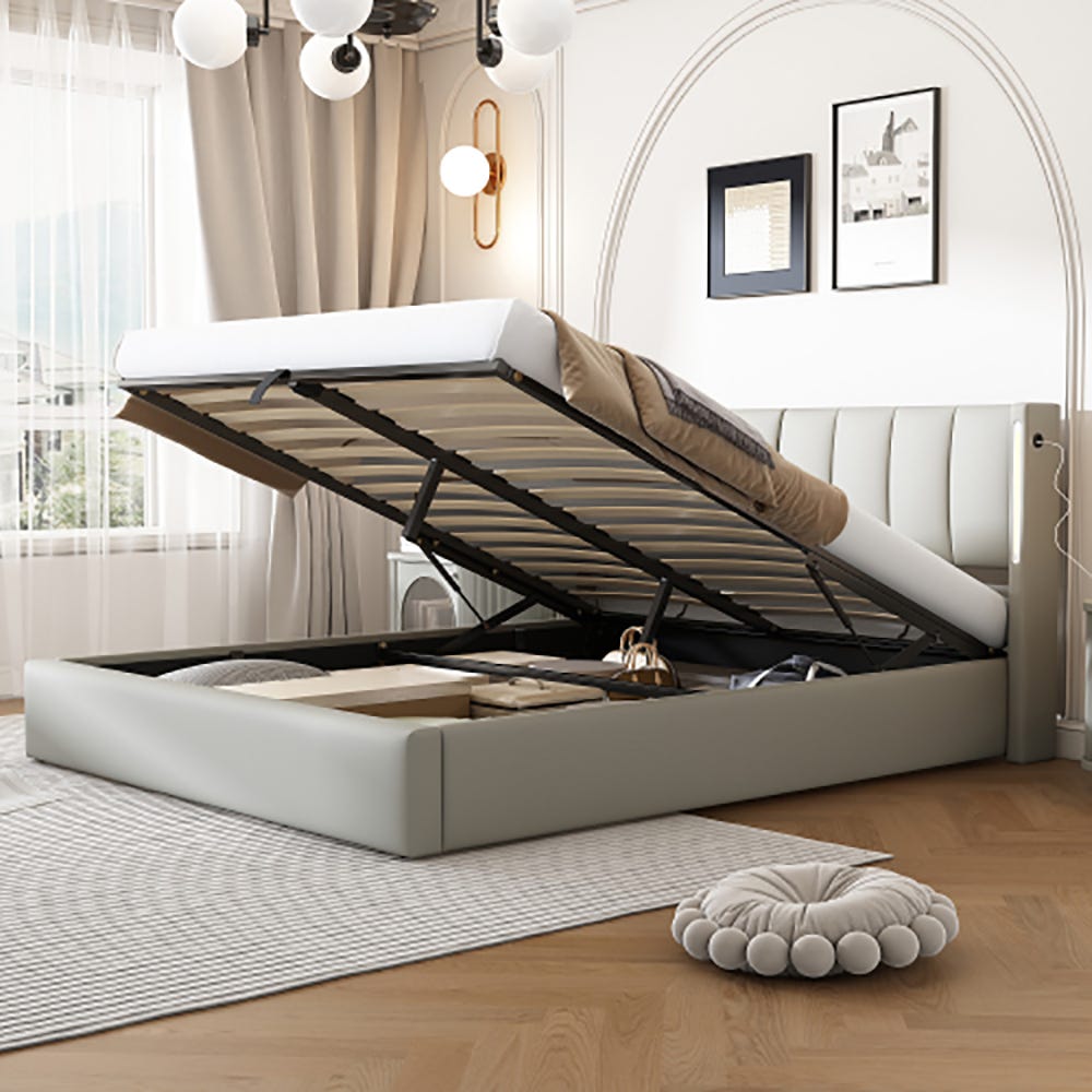 Lit coffre 160×200 cm Lit double 2 personnes Fabriqué en PU, avec tête de lit rembourrée et éclairage LED, USB, rangement, Noir - Maison Lit coffre 160×200 cm Lit double 2 personnes Fabriqué en PU, avec tête de lit rembourrée et éclairage LED, USB, rangement, Noir - Maison