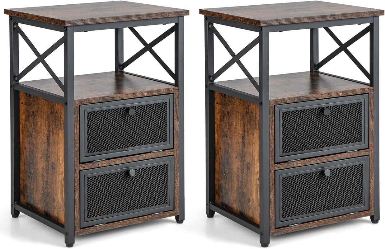 Stolik pomocniczy industrialny, czarny, stolik nocny z 2 składanymi szufladami i otwartym regałem, drewniana szafka nocna z metalową ramą