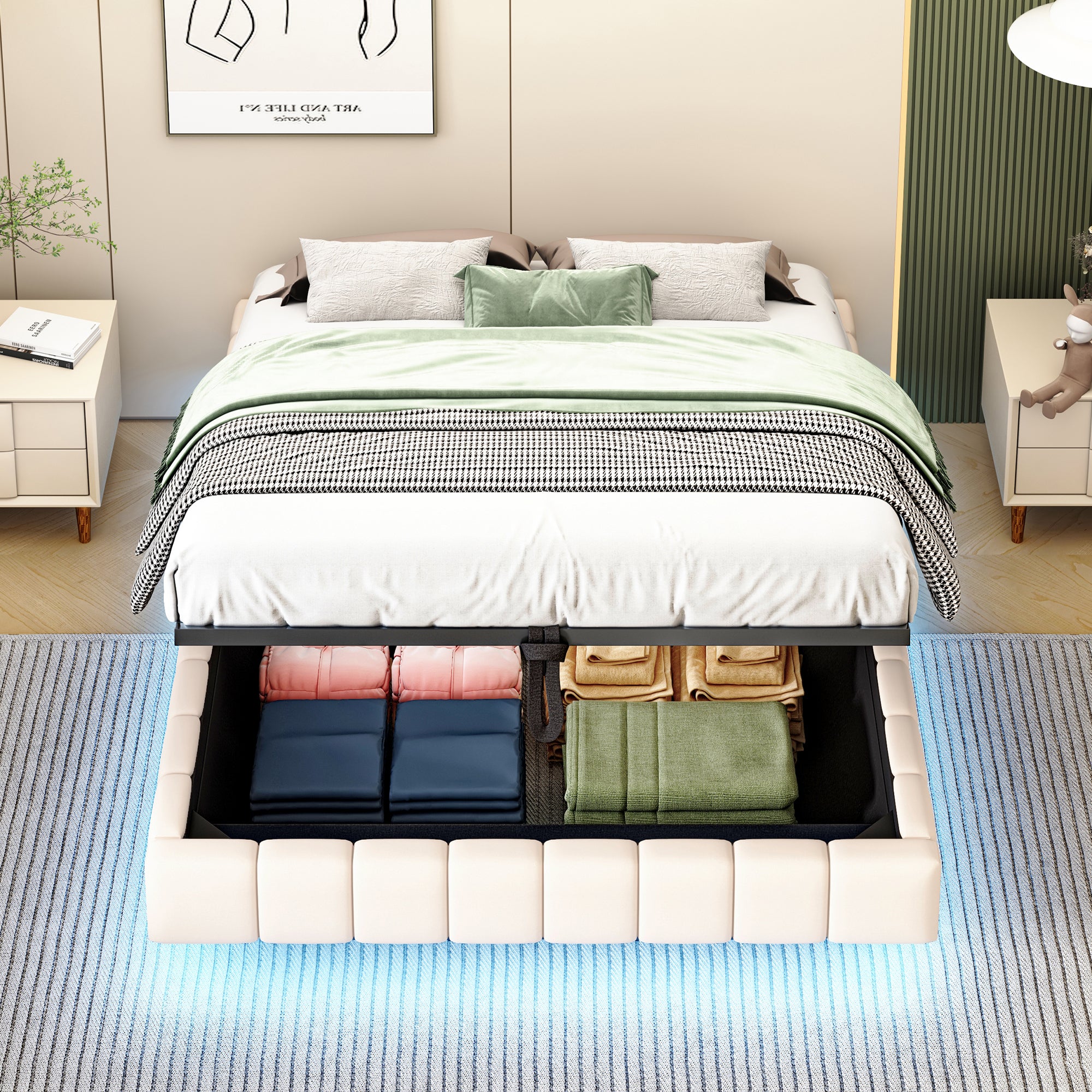 Lit Double 160x200 avec LED, Lit capitonné avec ydraulique avec espace de rangement, sans tête de lit, En Lin Beige(Sans Matelas)