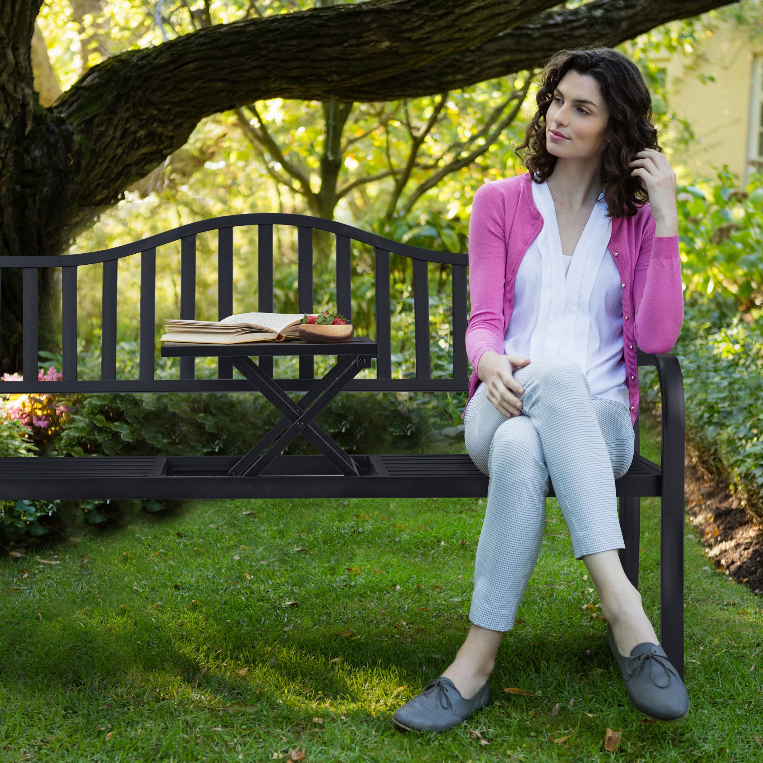 Banc de jardin avec table pliante, 3 places, solide, jardin, métal, balcon, HLP: 89 x 150 x 58,5 cm, noir, Relaxdays - 3