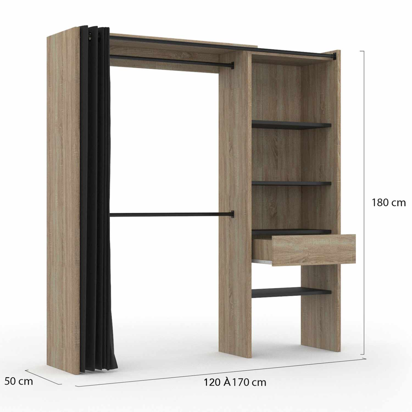 Dressing extensible MARTY 120/170 x 50 x 180 cm hêtre avec étagères + double penderie + rideau noir - 4