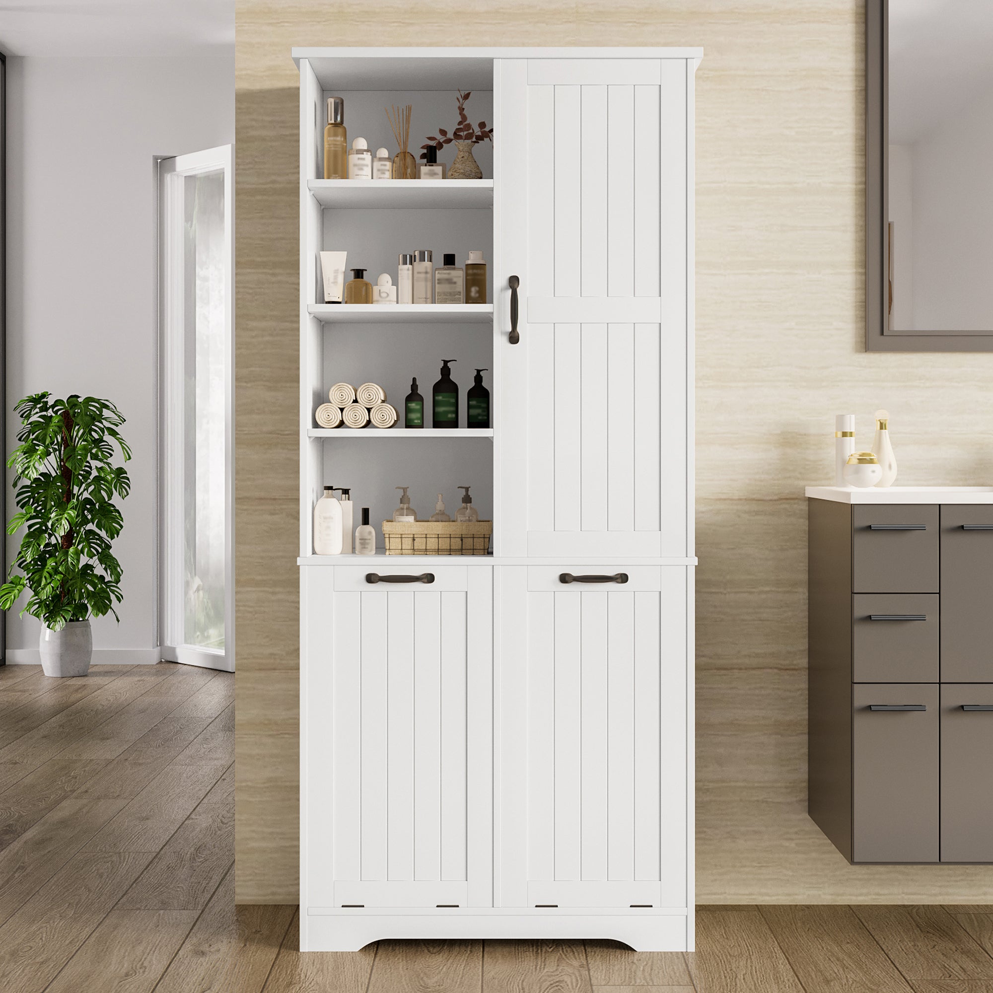 ADGO Meuble de Salle de Bain avec 1 Panier à Linge, Haut, Armoire Haute, étagère, Panier à Linge Intégré, Bac à Linge, de Rangement, Autoportant ( Blanc) (Expédié en 2 Packs