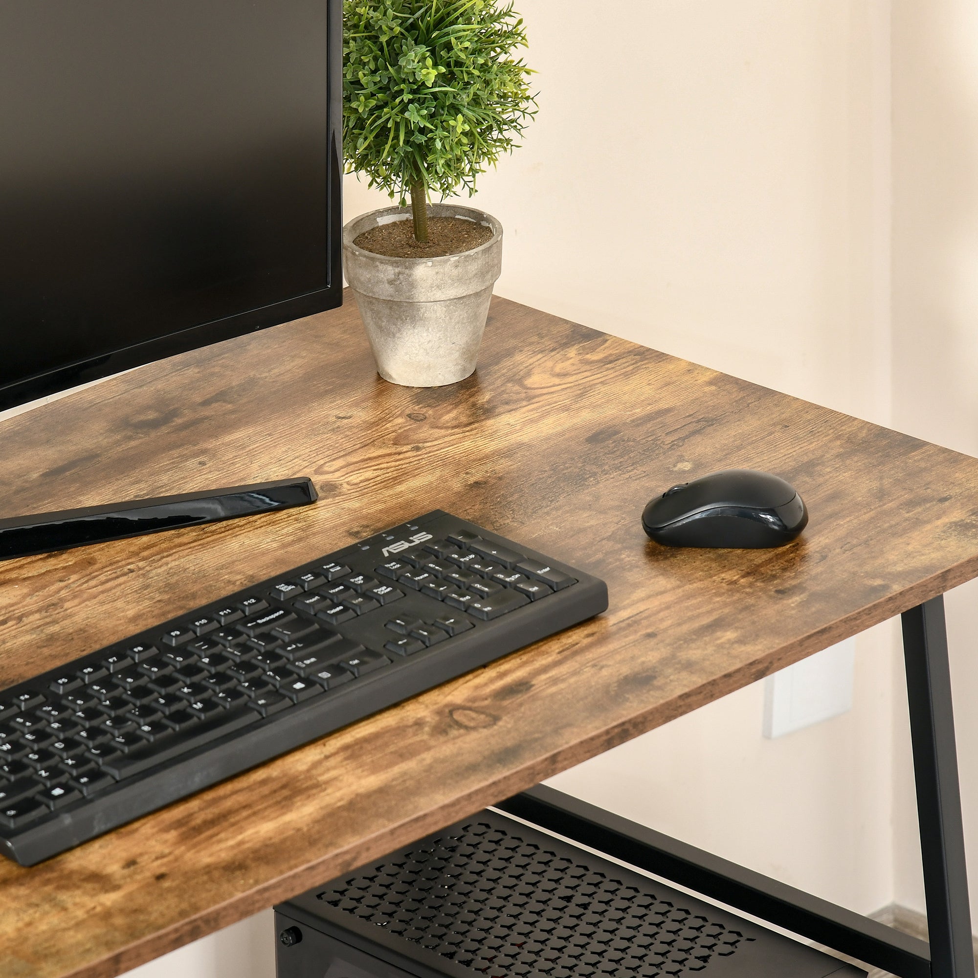 Bureau informatique industriel 2 étagères aspect vieux bois acier noir - 4