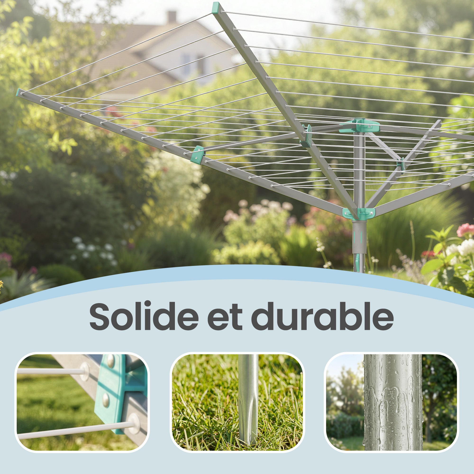 Étendoir Parapluie Pliable, avec Housse et Pinces, Jardin, Corde de Linge 50 m, Aargent - 7