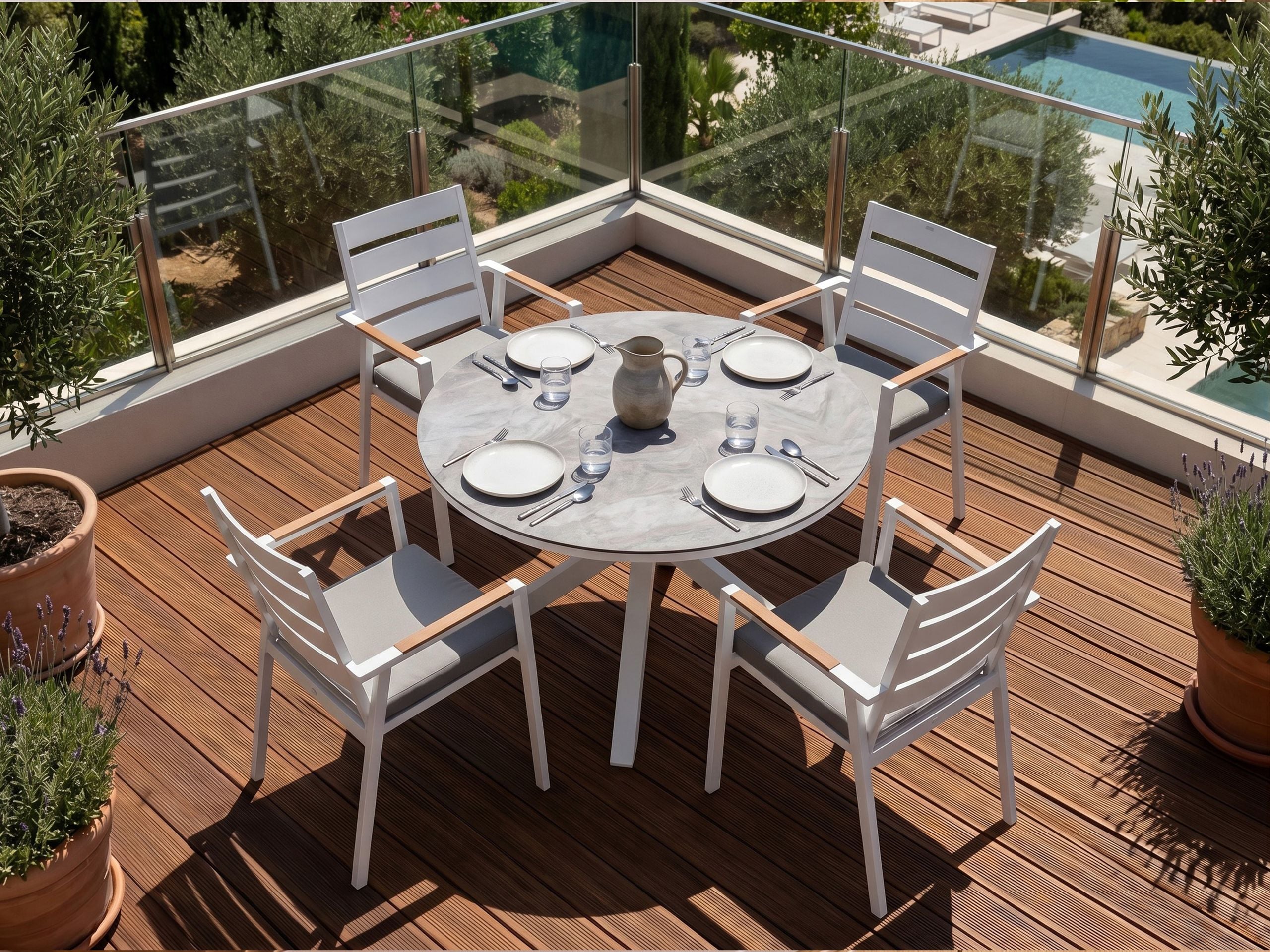 Set dining pentru grădină cu 4 locuri MALETTO/TAVIANO Gri Metal cu perne efect marmorat