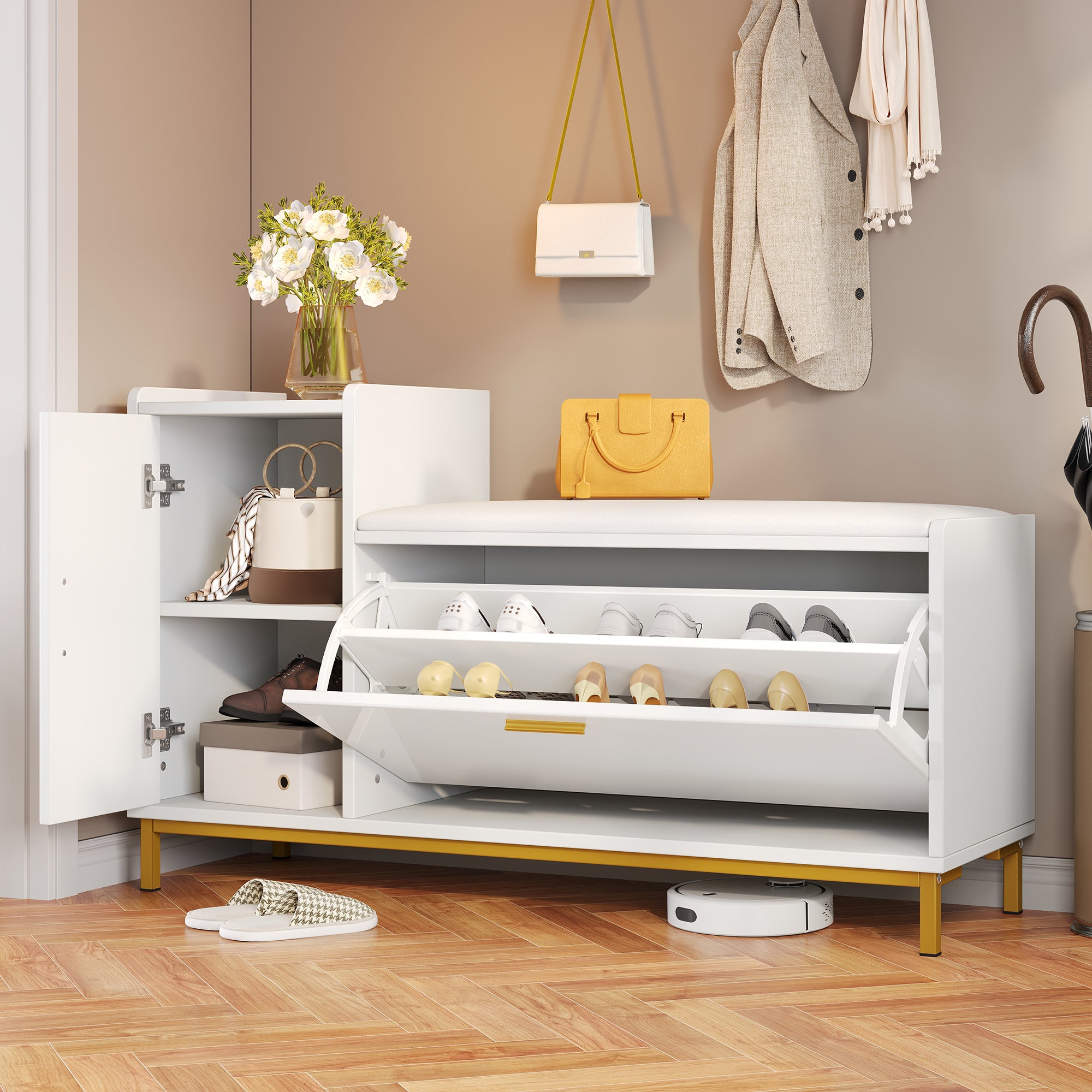 Banc à chaussures avec 2 portes - 100 x 38 x 68 cm - Panneau de particules et pièds en métal - Blanc - 4