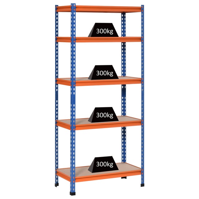 Étagère de garage, étagère métallique à 5 niveaux, capacité de charge 1500 kg, 80 x 40 x 182 cm, bleu-orange