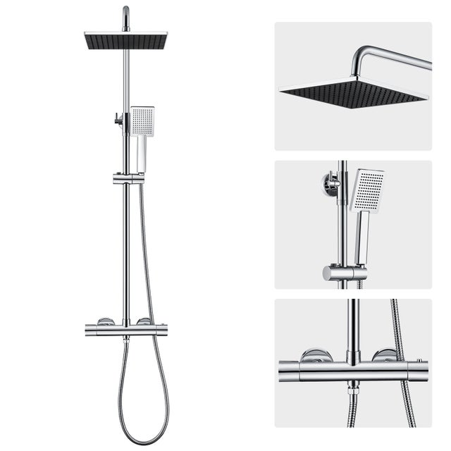 Kit colonna doccia Auralum Max con valvola termostatica antiscottatura,soffione 25x25 cm,doccetta,asta doccia in acciaio inox/PVC,flessibile,cromato