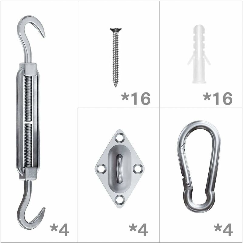 44 pièces Kit de Fixation Voile d'ombrage, Kit de Fixation pour Voile de Jardin pour Voile D'ombrage en Acier Inoxydable 304 pour Triangle Carré Recta - 5