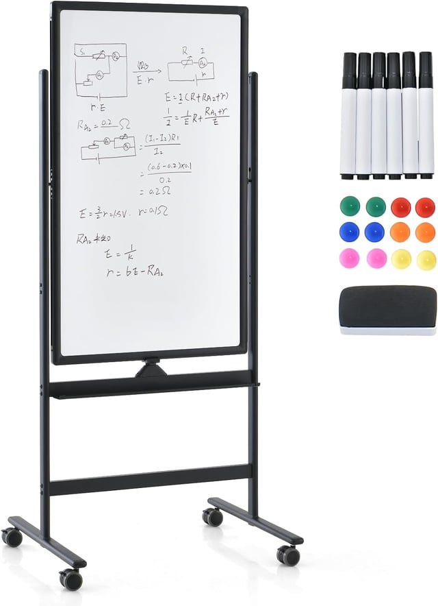 Lavagna Magnetica con 4 Ruote, Lavagna Bifacciale con Set di Accessori, Cancellabile a Secco, Lavagna Mobile Regolabile in Altezza, per Scuola,