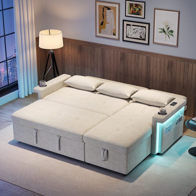 Canapé multifonctionnel, canapé-lit pliable, avec fonction couchage, porte- gobelet et coussins inclus, pour le salon, la chambre. Beige Canapé multifonctionnel, canapé-lit pliable, avec fonction couchage, porte- gobelet et coussins inclus, pour le salon, la chambre. Beige