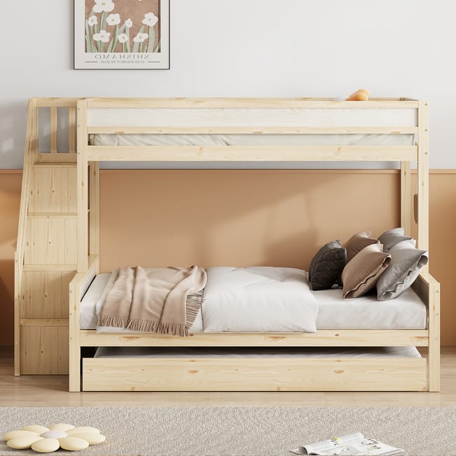 Letti A Castello 120 X 200 Cm + 90 X 200 Cm Con Letto Estraibile 90 X 190 Cm - Armadio + 2 Cassetti - Legno Massello + MDF - Bianco + Naturale | Leroy Merlin