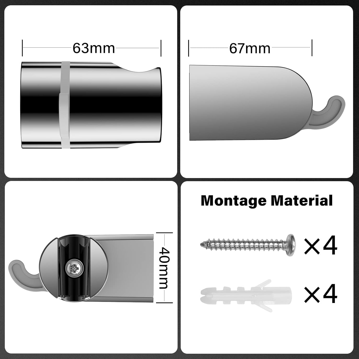 Support de pomme de douche avec matériel de fixation, support mural avec vis, finition chromée, compatible avec la plupart des flexibles de douche. - 6