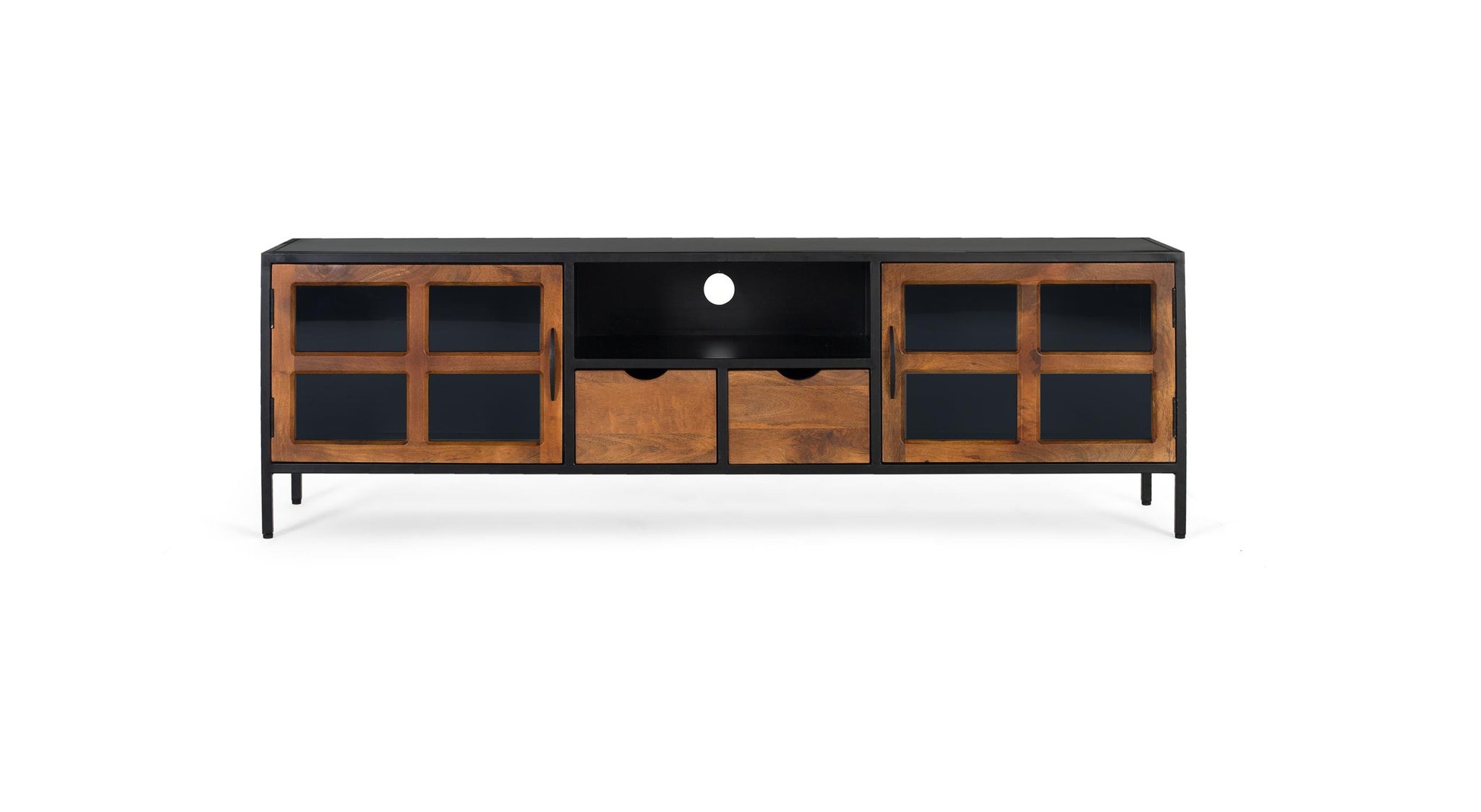 Stojak pod telewizor z drewna mango 180 cm w stylu industrialnym - 56x180x40 GYC