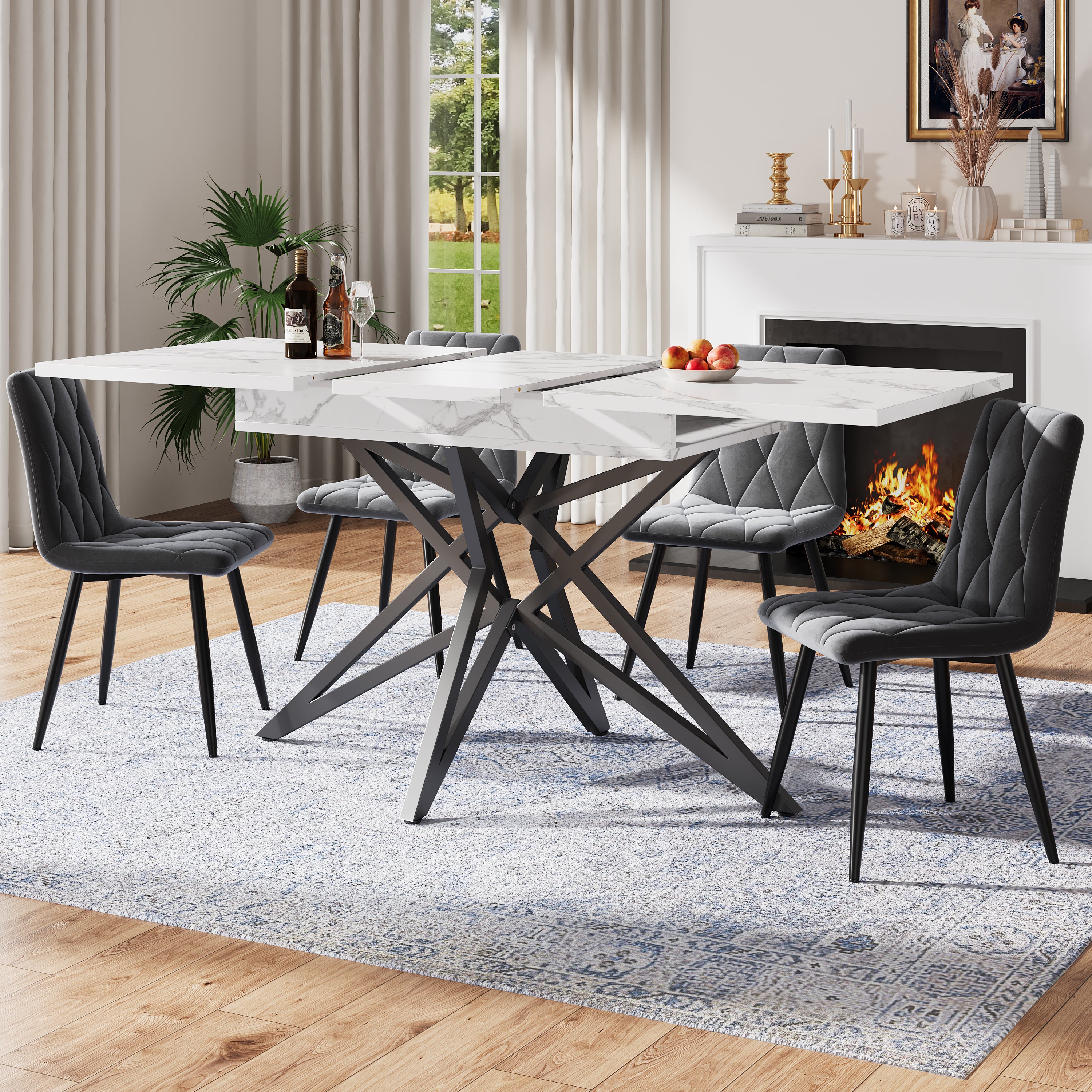 Zestaw rozkładany stół + 4 krzesła jadalniane z aksamitu - 120/160 x 80 x 66,1 cm - nogi z płyty MDF i metalu - biały + ciemnoszary