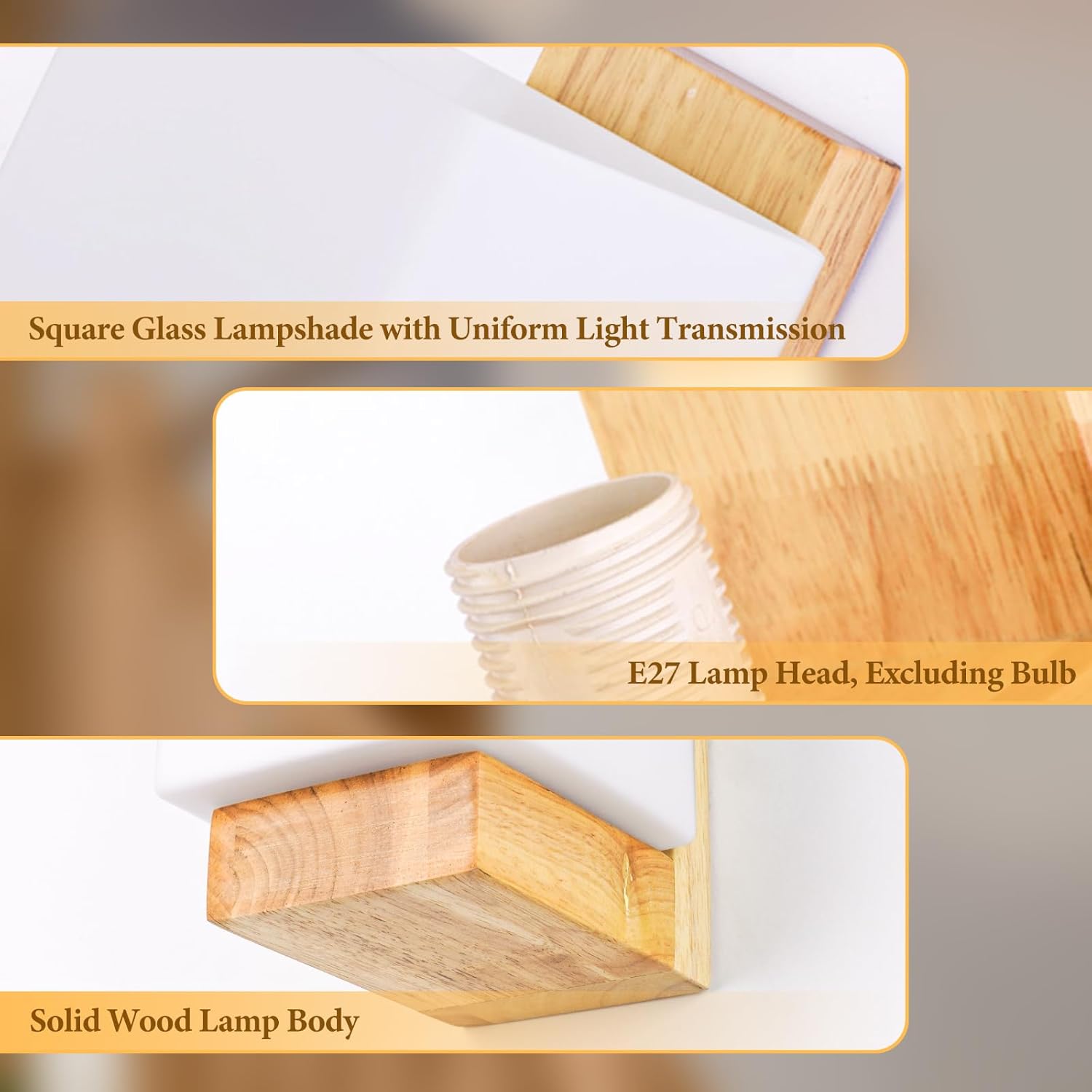 COMELY Appliques Murales en Bois Carrées E27, Lampe Murale avec Abat-Jour en Verre Blanc, Luminaire Intérieur pour Chambre Salon Salle de Bain Couloir - 4