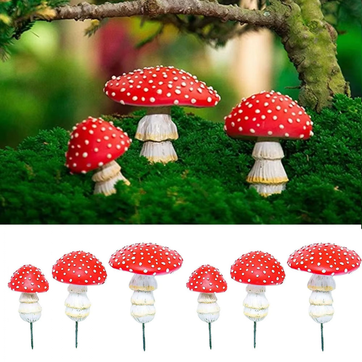 6 szt. dekoracyjnych figurek do domu, miniaturowe grzyby, figurki z żywicy poliestrowej, świecące w ciemności czerwone grzyby