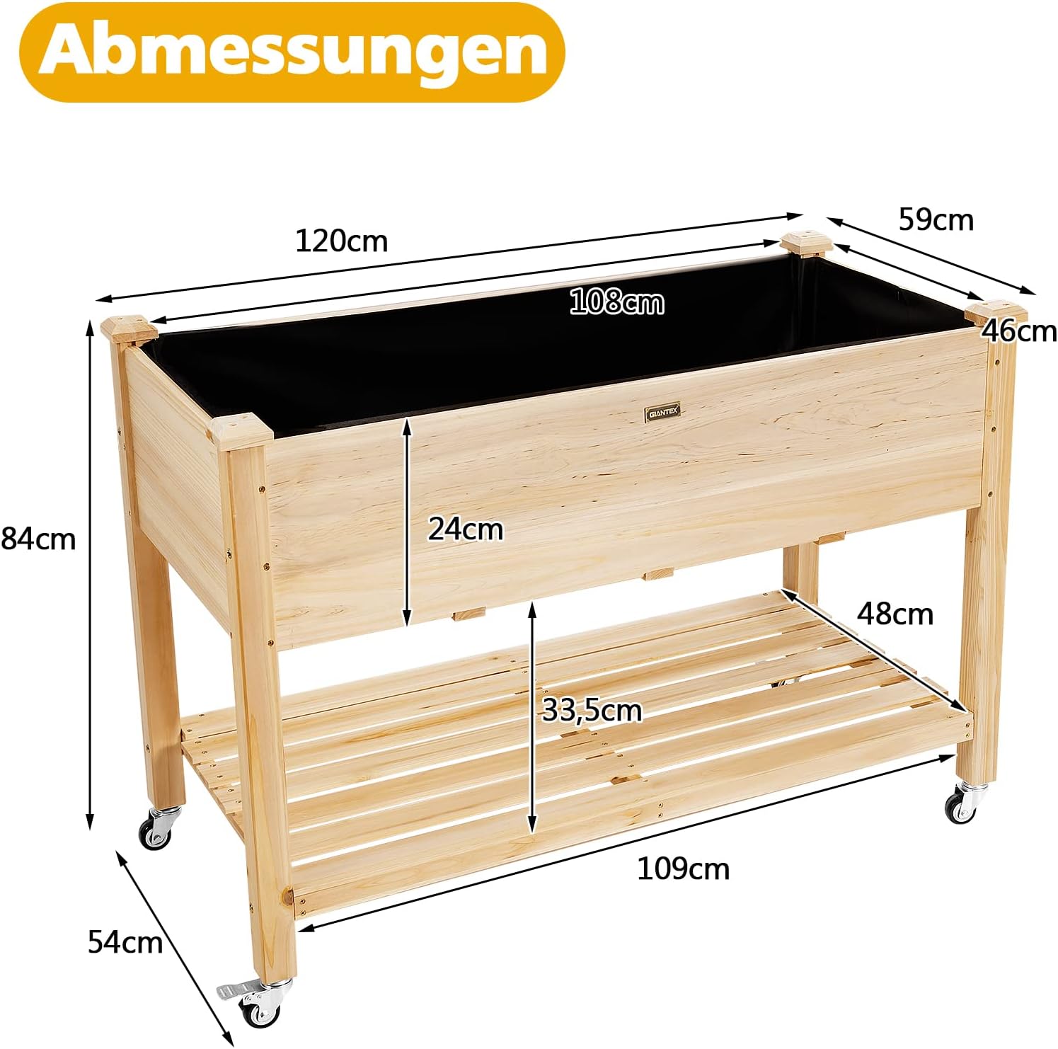 Lit Surélevé avec Roulettes, Lit de Jardin en Bois de Sapin avec étagère & Trous D'écoulement,Naturel, 120 X 59 X 84 cm - 6