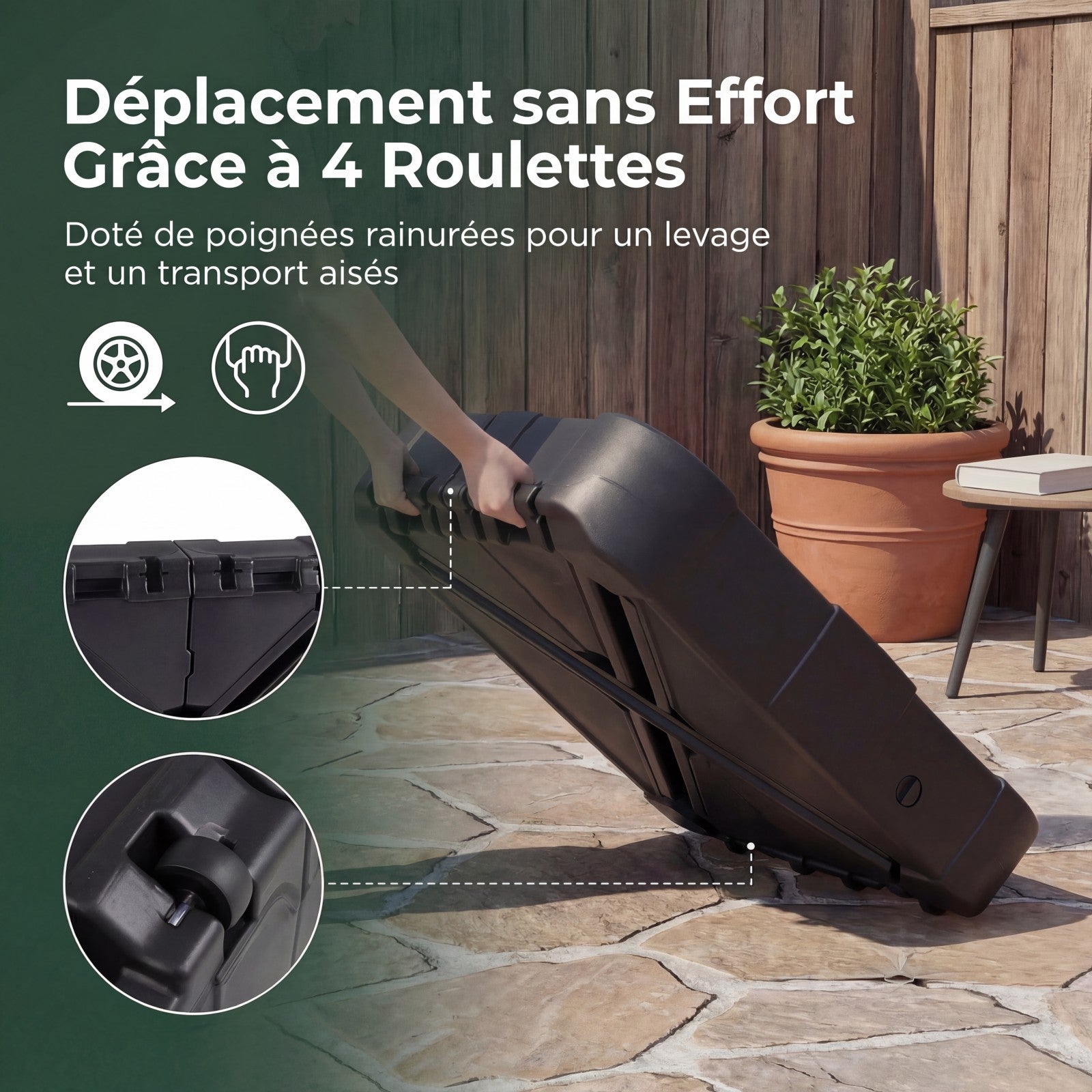Pied de Parasol Déporté avec roulettes, Base de Parasol en HDPE Portable, Remplissable Eau & Sable 170 KG pour Jardin Terrasse Patio, Noir 88x88x20cm - 6
