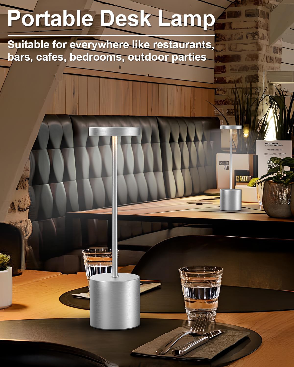 Zestaw 2 bezprzewodowych lamp stołowych LED z akumulatorem 1200 mAh, w kolorze srebrnym, z 3 regulowanymi poziomami kolorów do czytania/restauracji - 3