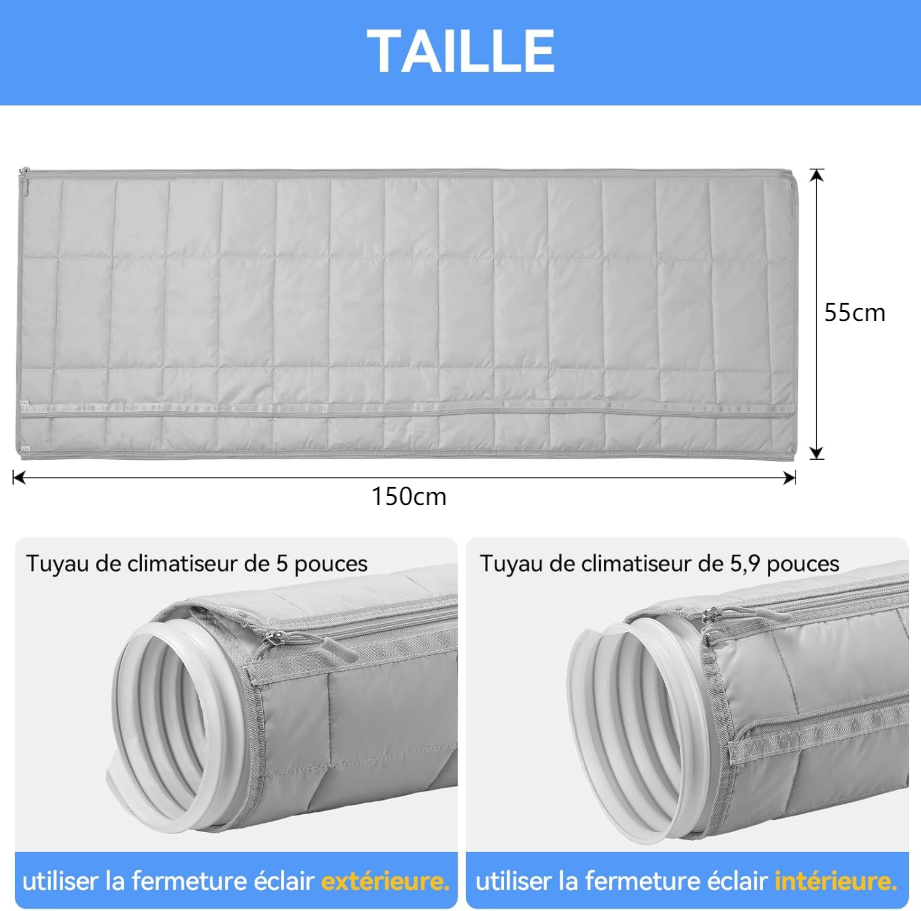 150cm Protection pour Tuyau Climatiseur ,Gris, Manchon Isolant À Fermeture Éclair pour Tuyaux De 5