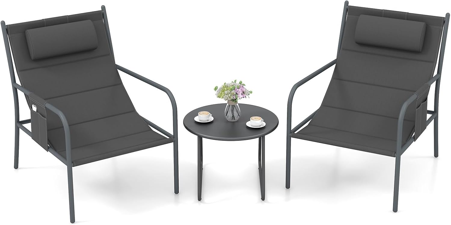Set de mobilier de terasă din 3 piese, cu cadru metalic, set mobilier grădină 2 scaune și 1 masă joasă, țesătură respirabilă și tetieră, gri