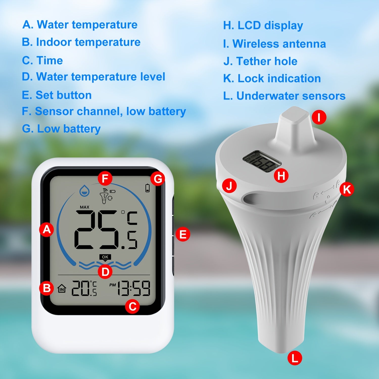 1 thermomètre de piscine sans fil, écran LED, étanche, avec capteur de température, adapté aux piscines (sans pile). - 8
