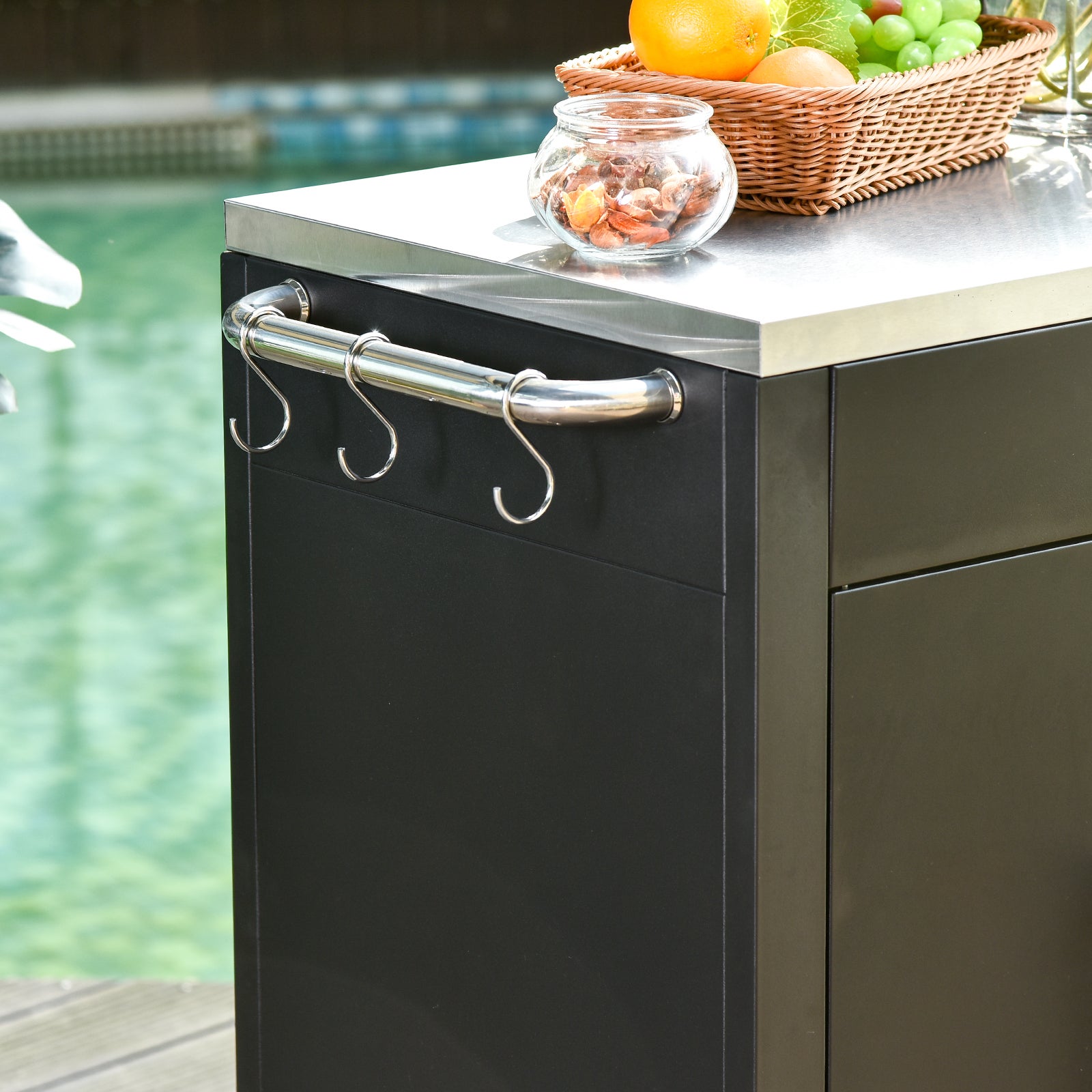 Chariot de cuisine à roulettes,desserte,chariot roulant avec placard,crochets et poignées en acier inoxydable,table de barbecue en ,86x50x86,5cm,noir - 9