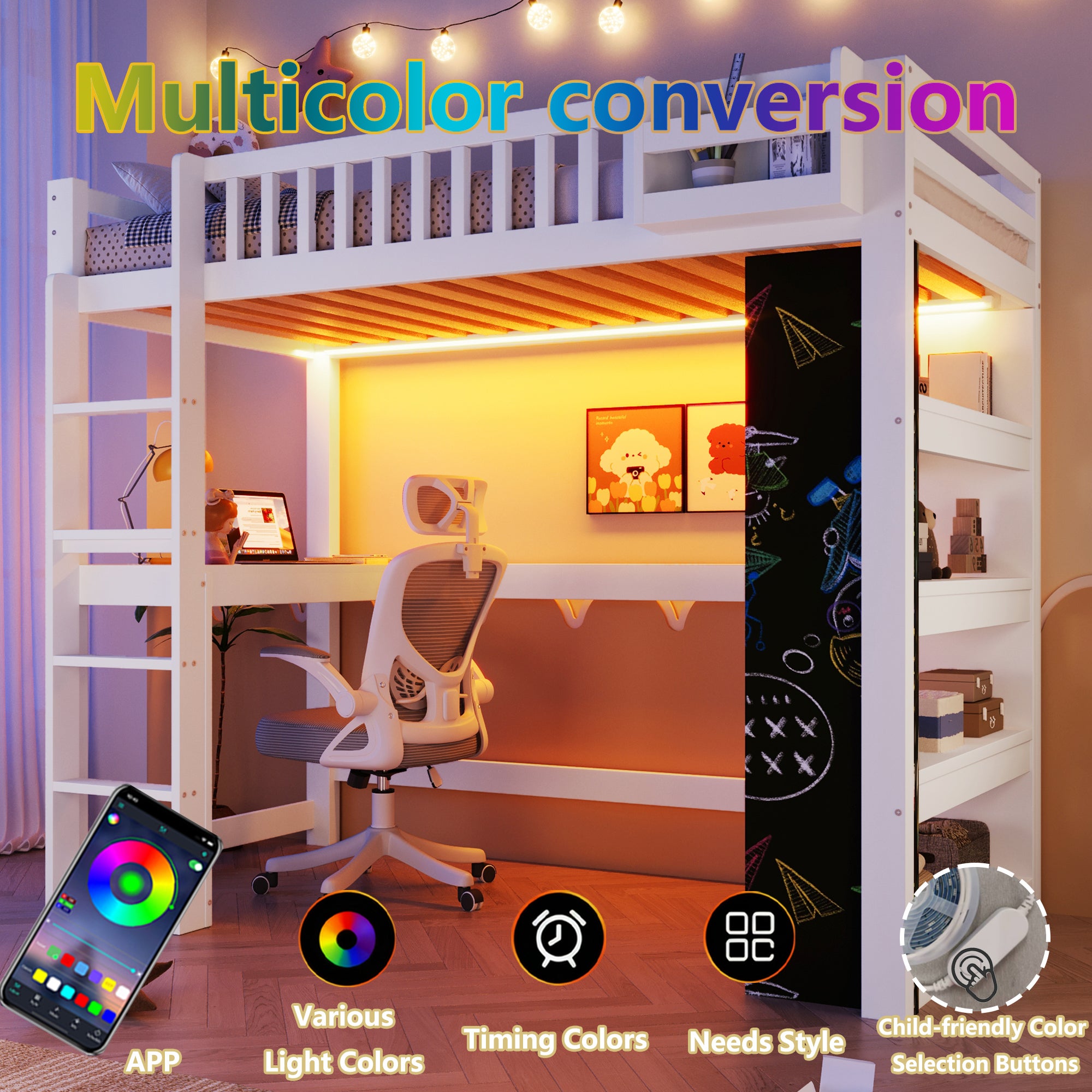 Lit mezzanine enfant avec bureau et rangements,Lit multifonction avec tableau noir + étagère + éclairage LED,sommier en pin, 90x200 cm - blanc - 5