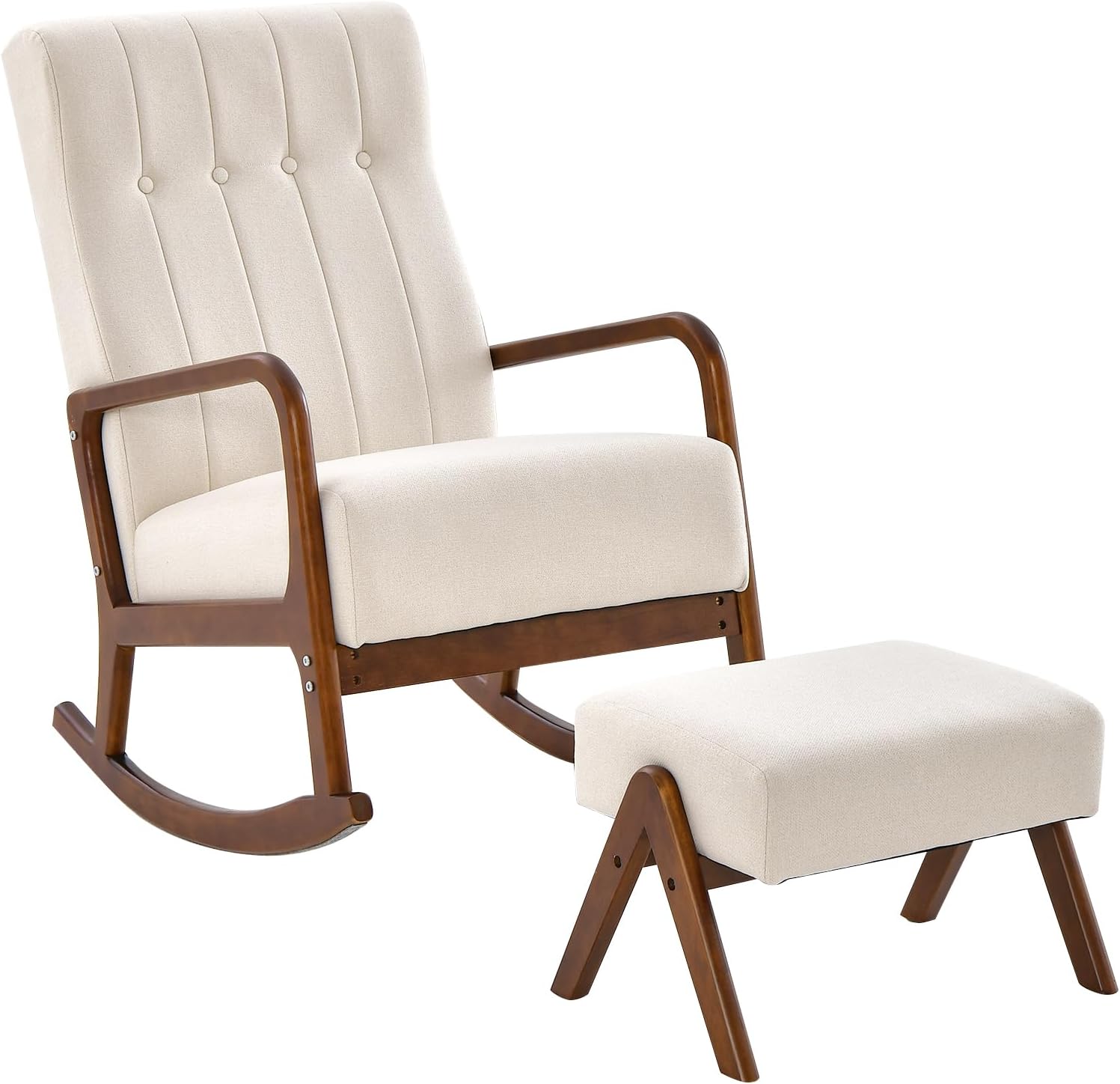 Mecedora con otomana, sillón mecedora con función reclinable, silla basculante con reposabrazos, sillón relax acolchado con marco de madera, (beige)